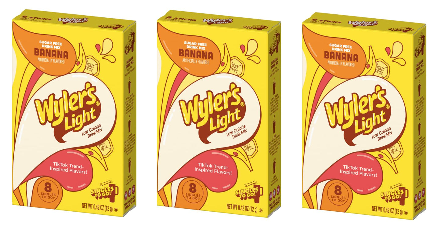 Wyler's Light Banana Singles To Go - Pack of 3 - Powdered Drink Mix - Low Calorie - Sugar Free - 8 Count Boxes - 24 Servings