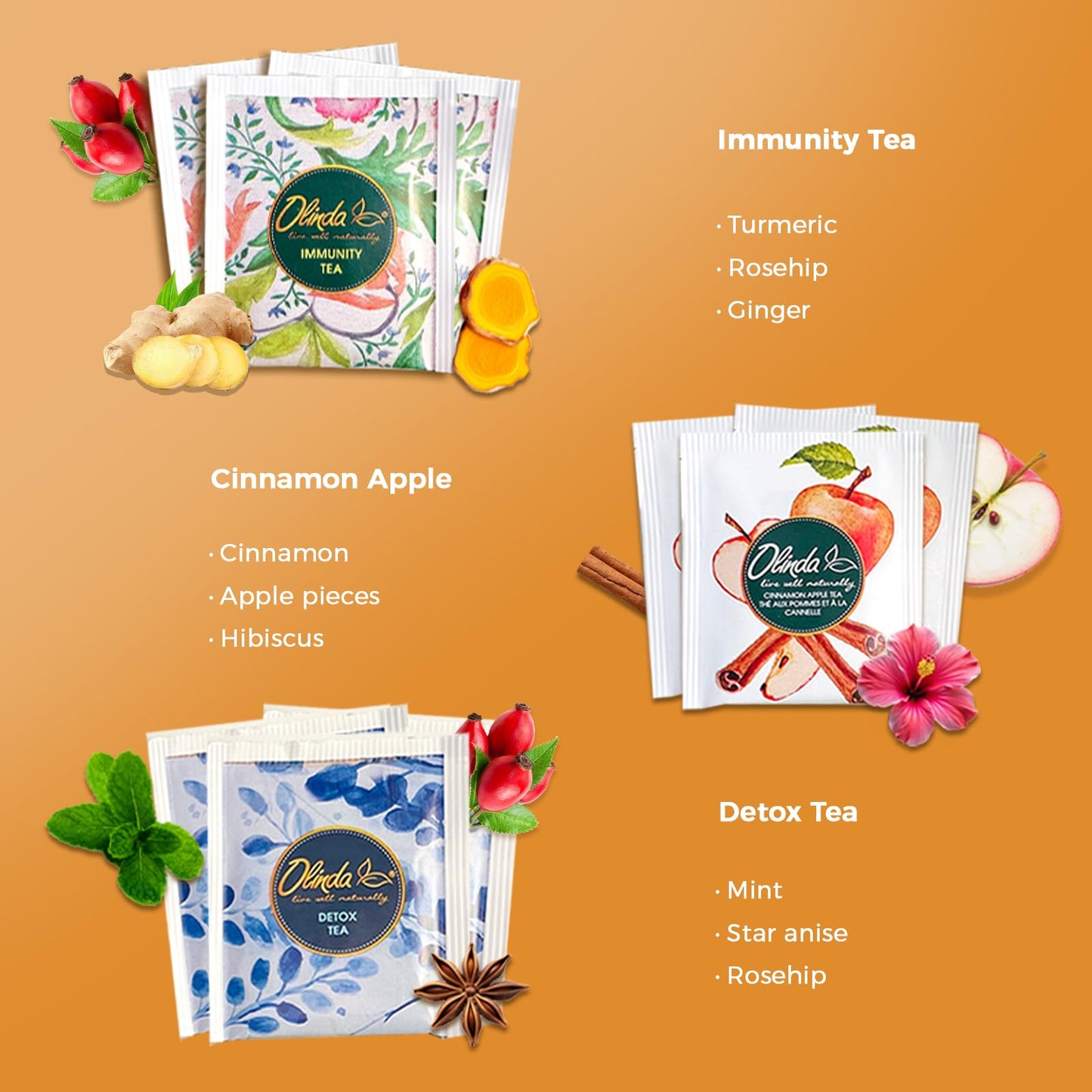 Olinda Health & Vitality Tea Gift Box - Organic Tea Bags, Low Caffeine, 45 Count, Premium Variety Pack, Individually Wrapped