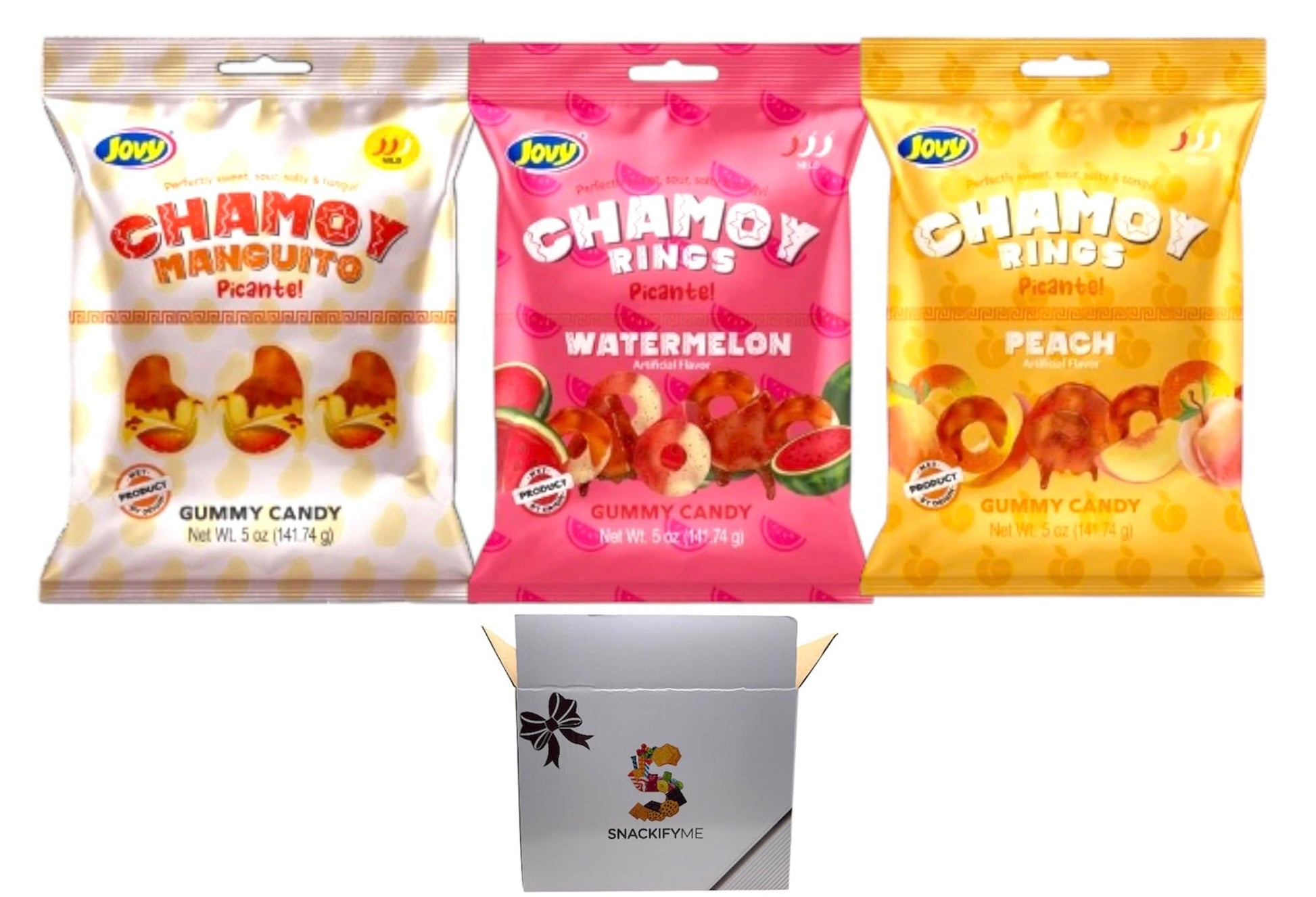 Chamoy Gummy Candy Variety Pack, Manguito, Watermelon, Peach Flavors, Picante, 5 oz Bags, 3 Count in SNACKIFYME Gift Box