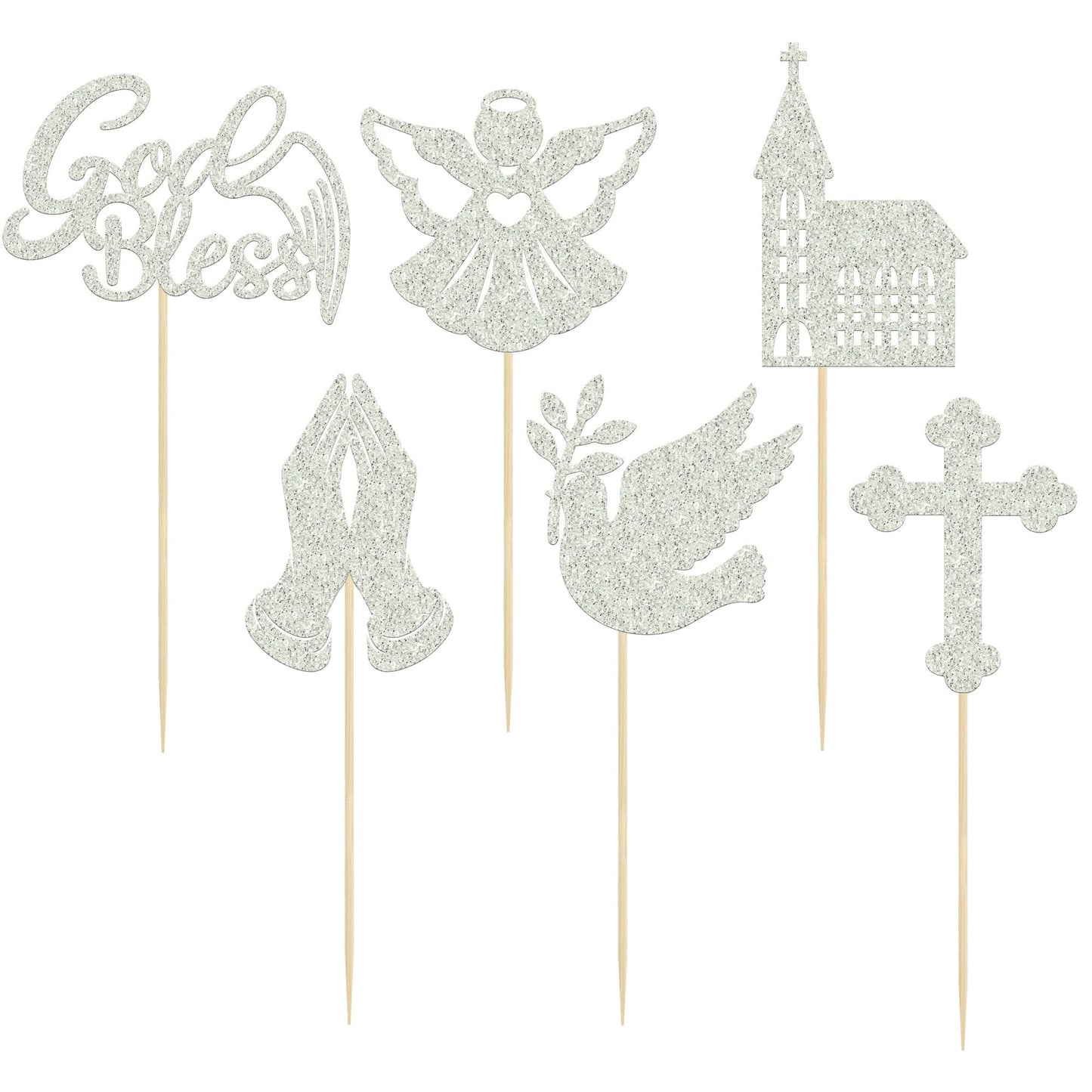 Gyufise Cupcake Toppers, God Bless Theme, Dove Cross Angel, 24 Pack, Silver, Model UKZN0258-SL, Paper Decorations for Parties