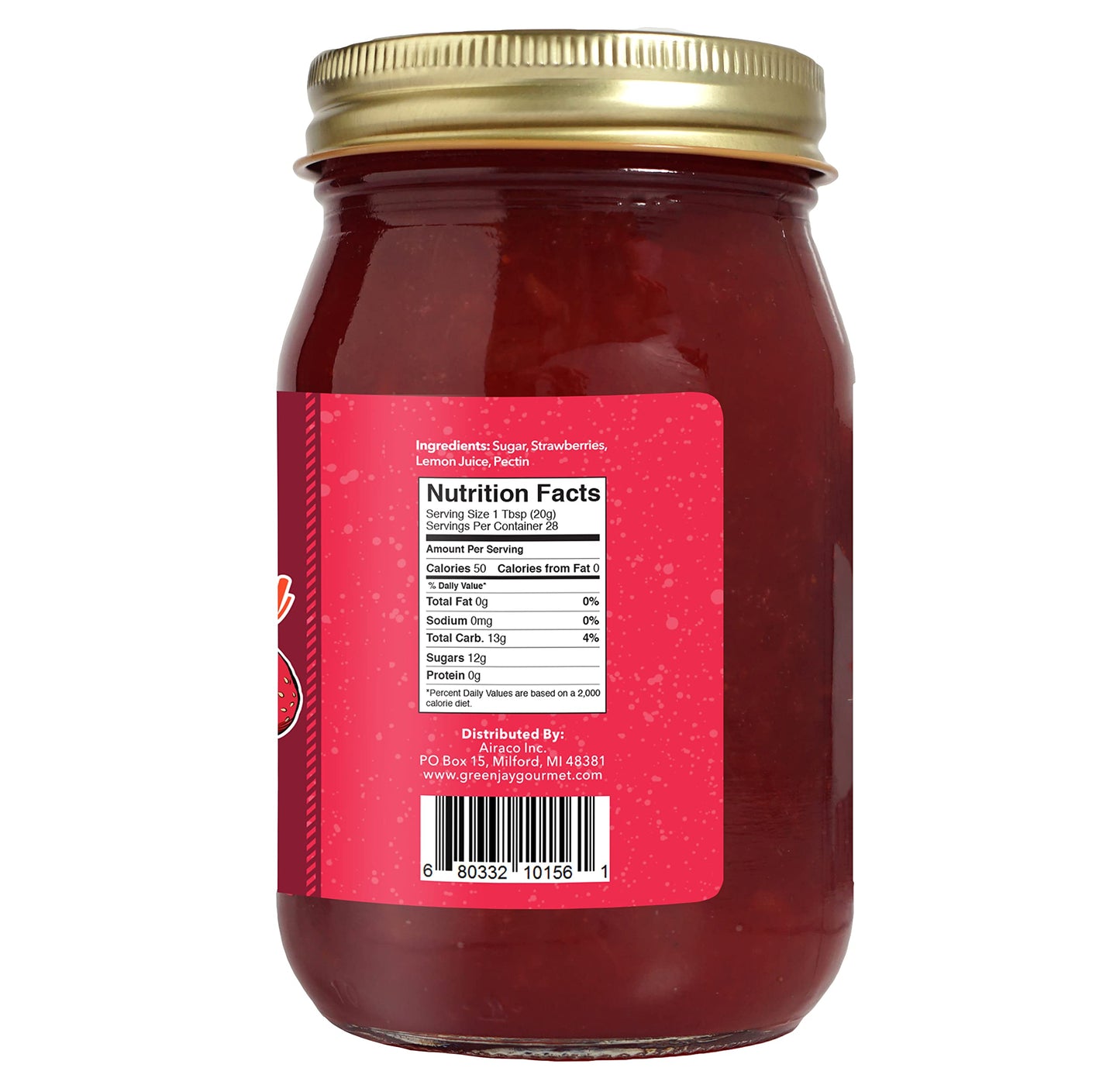 Green Jay Gourmet Strawberry Jam - All-Natural Fruit Jam With Strawberries & Lemon Juice - Vegan, Gluten-Free Jam - Contains No
