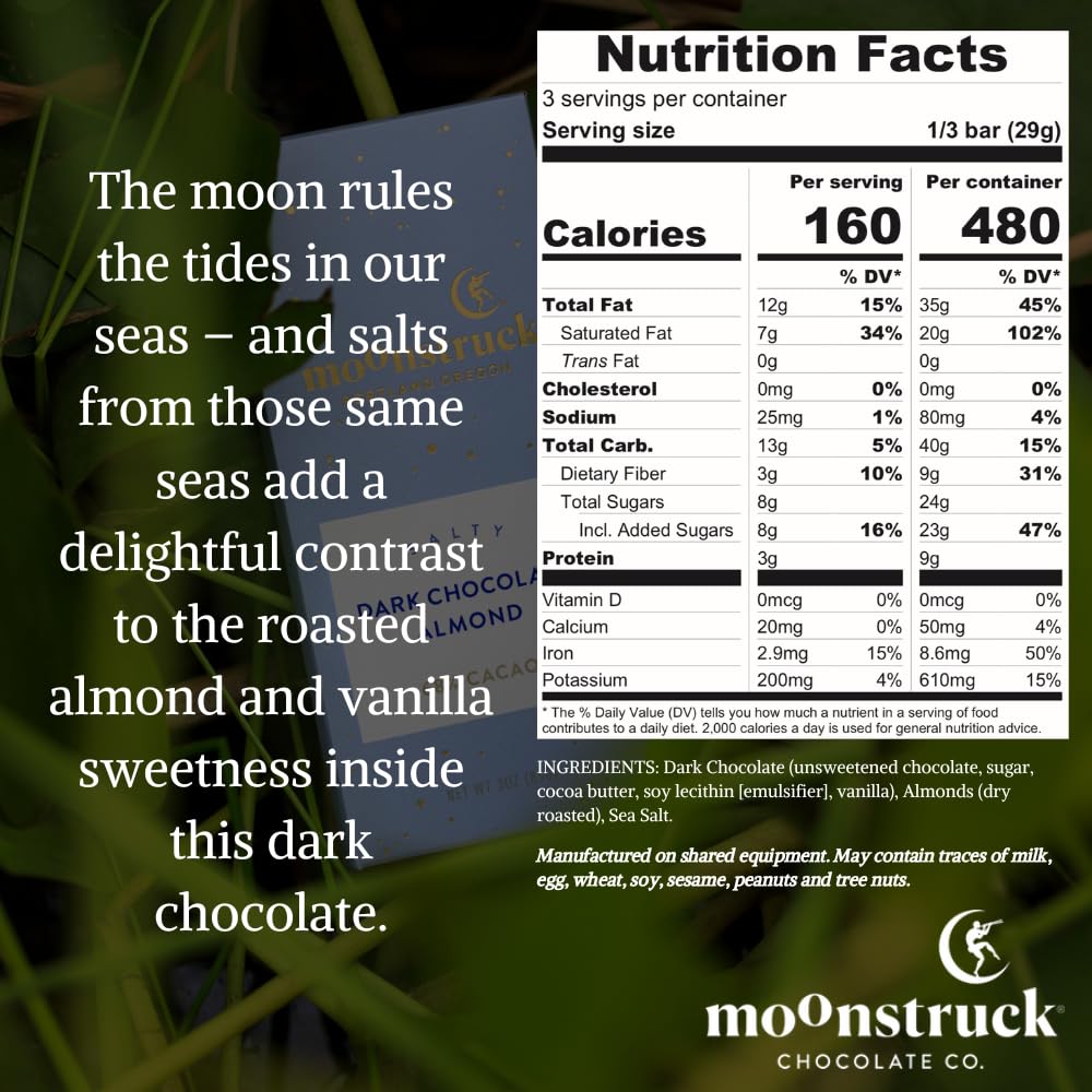 Moonstruck Chocolate Dark Chocolate Bar With Sea Salt And Almonds, 68% Cacao, 3.0Oz (Pack Of 12)