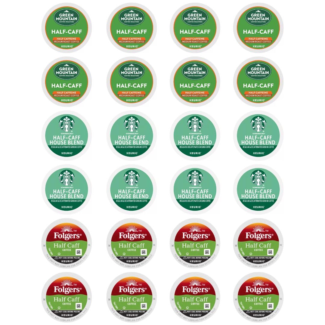 BREWANA Half Caff K-Cups Variety Pack Sampler, Includes Starbucks, Folgers, Green Mountain, 24 Count