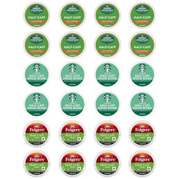 BREWANA Half Caff K-Cups Variety Pack Sampler, Includes Starbucks, Folgers, Green Mountain, 24 Count