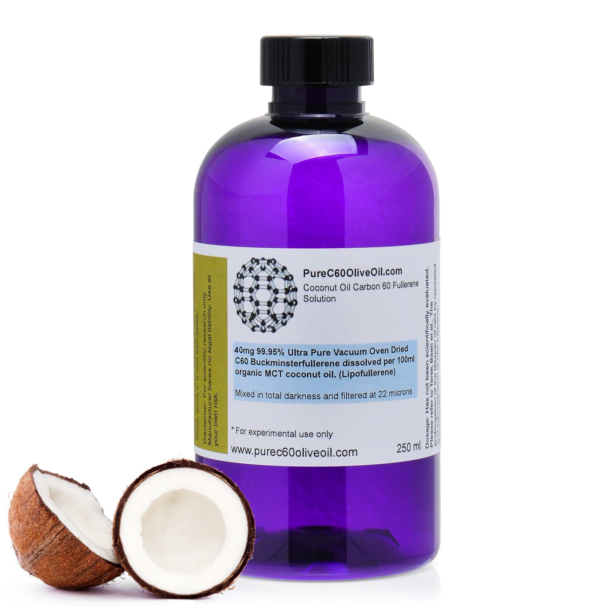 PureC60OliveOil C60 Organic MCT Coconut Oil 250ml / 8.5 Fl Oz - 99.95% Carbon 60 Solvent Free 100mg - Food Grade - Carbon 60 Coc