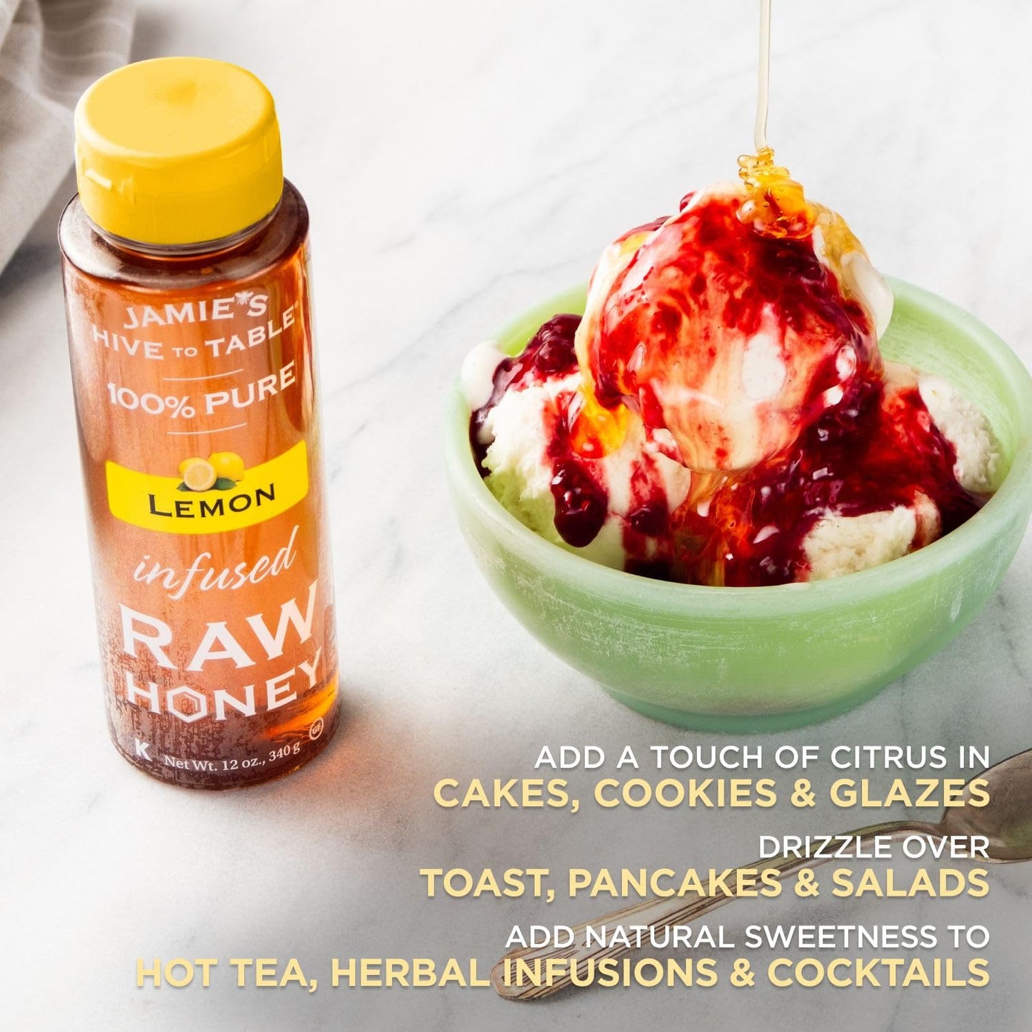Jamie'S Hive To Table Lemon Flavored Honey, 12 Oz - 100% Raw & Unfiltered Honey With A Refreshing Citrus Twist - Perfect For Tea