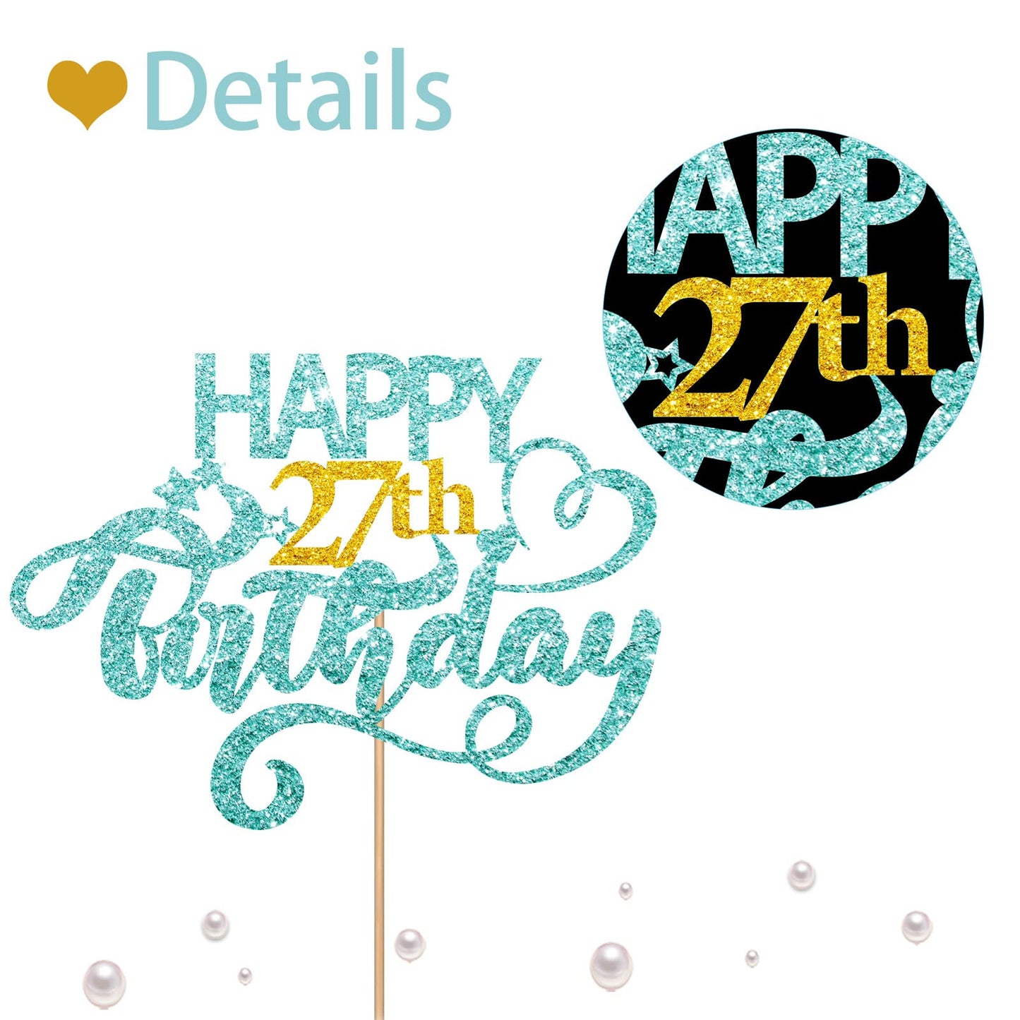 Sky Blue Glitter Happy 27Th Birthday Cake Topper, Twenty Seven Years Old Birthday Party Cake Decor, Gold Number 27 Birthday Part