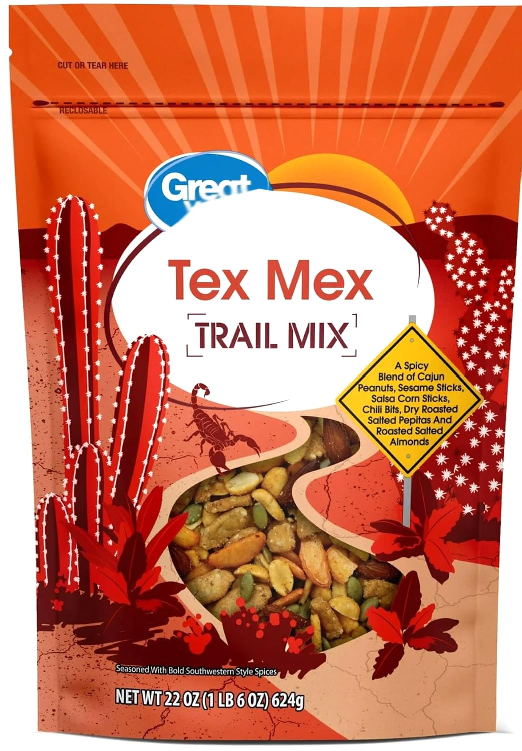 Tex Mex Snack Trail Mix: Cajun Peanuts, Sesame Sticks, Salsa Corn Sticks, Chili Bits, Pumpkin Seeds Almonds - 22 oz Value Bag GV