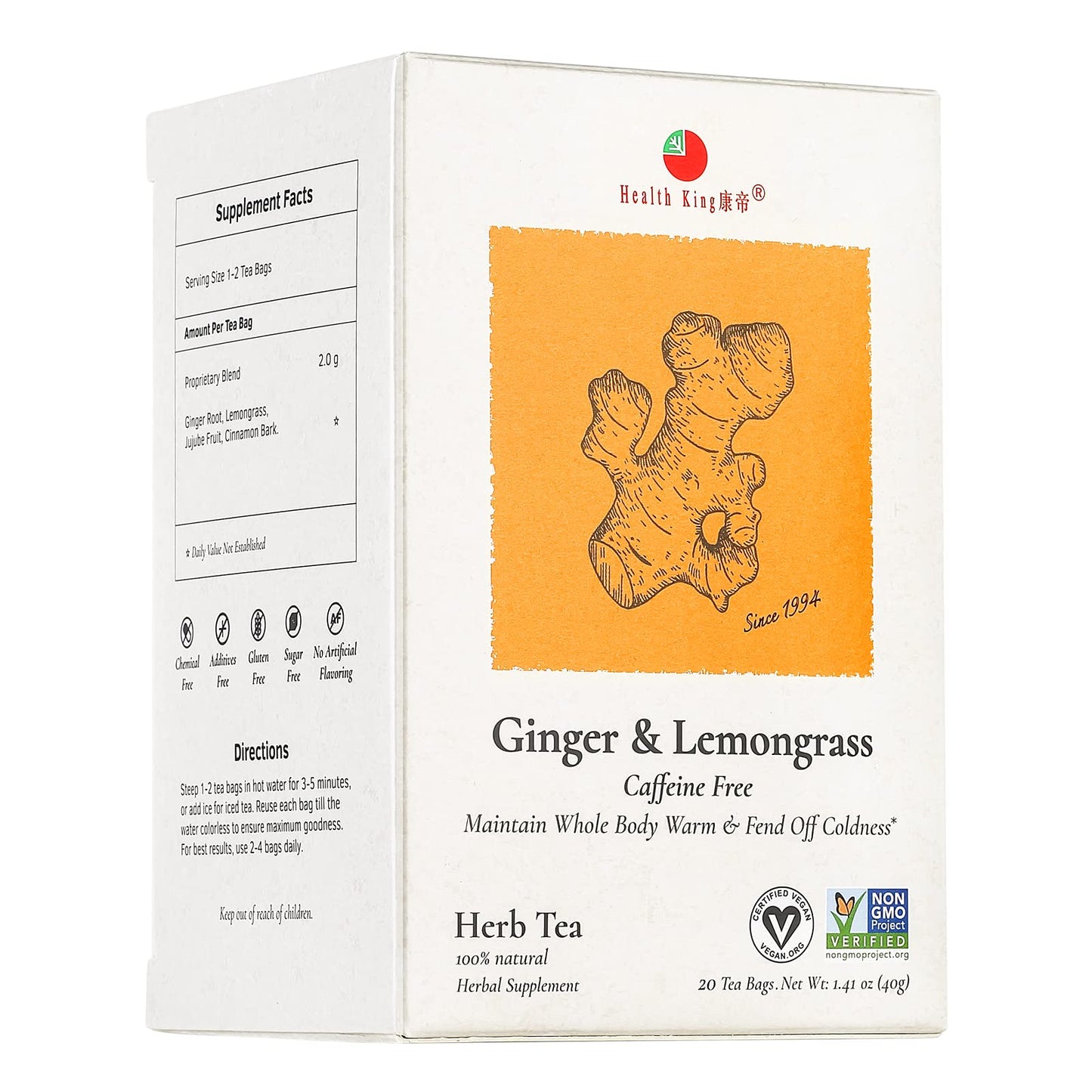 Health King Ginger Herb Tea, Teabags, 20 Count Box