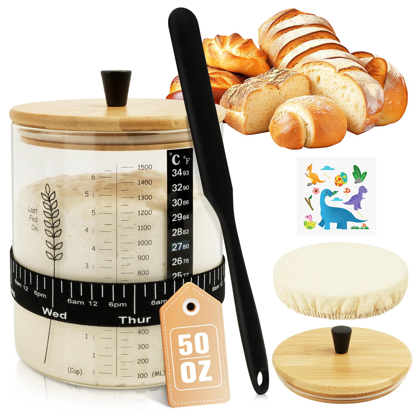 Rakovar Sourdough Starter Jar, 50oz Wide Mouth with Lid, Date Tracker, Black