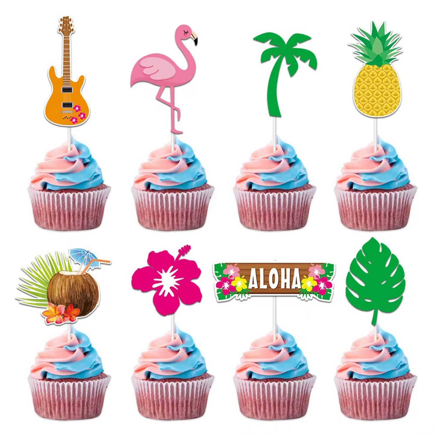 Morofme 24Pcs Tropical Cupcake Decoration, Hawaiian Luau Aloha Cupcake Toppers Cake Picks With Flamingo Pineapple Palm Leaves Hi