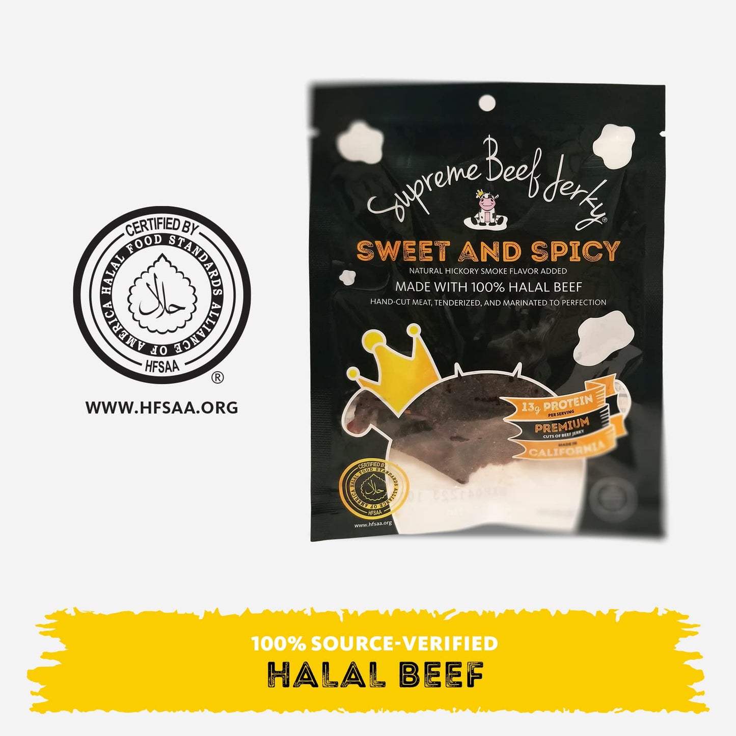 Supreme Beef Jerky, Halal Beef Jerky, Zabiha Halal Certified Beef, Handcrafted Gourmet Meat Snacks, 2.5 Oz Sweet And Spicy, 2.5