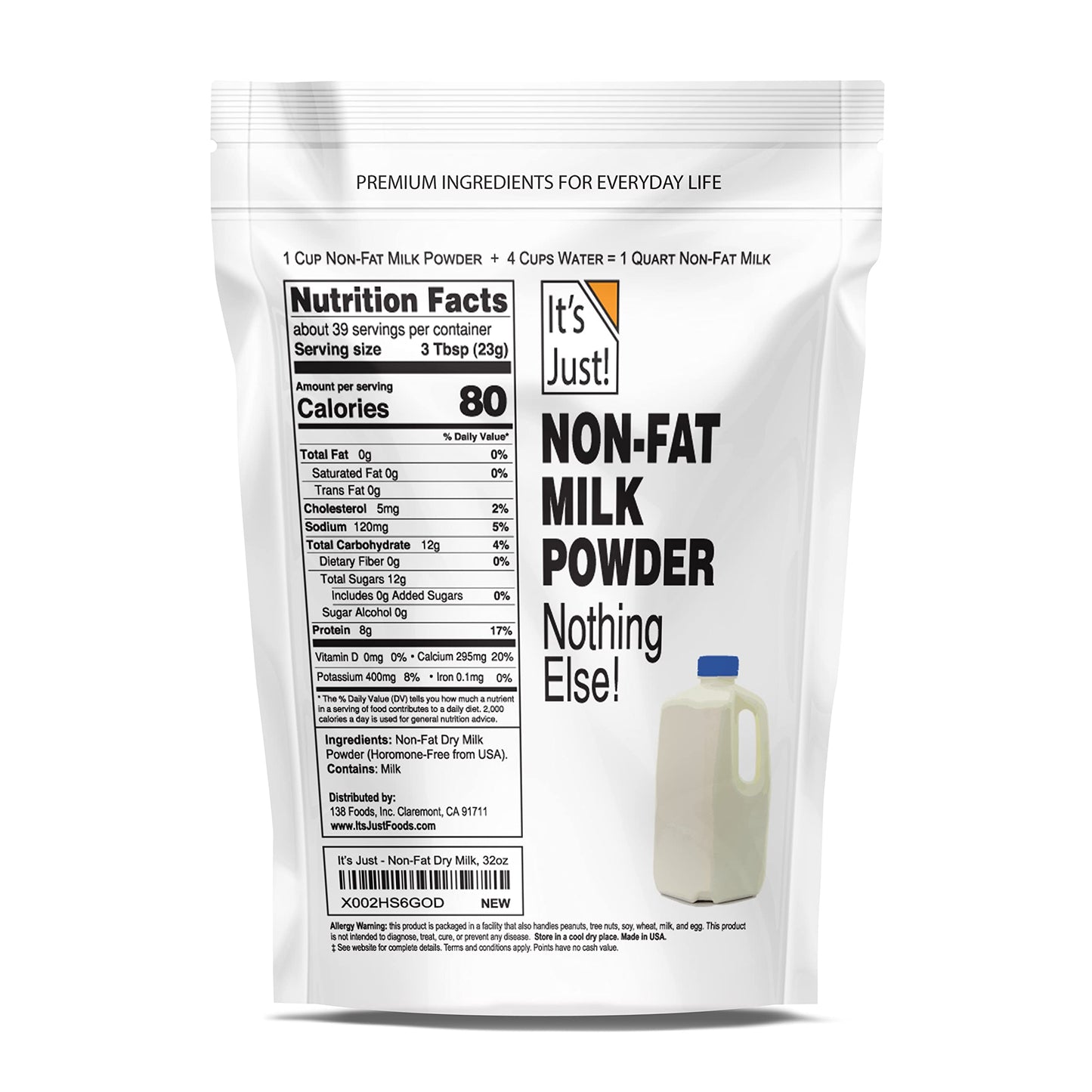 It'S Just - Non-Fat Milk Powder, Dehydrated Dried Milk, Just Add Water, 32Oz