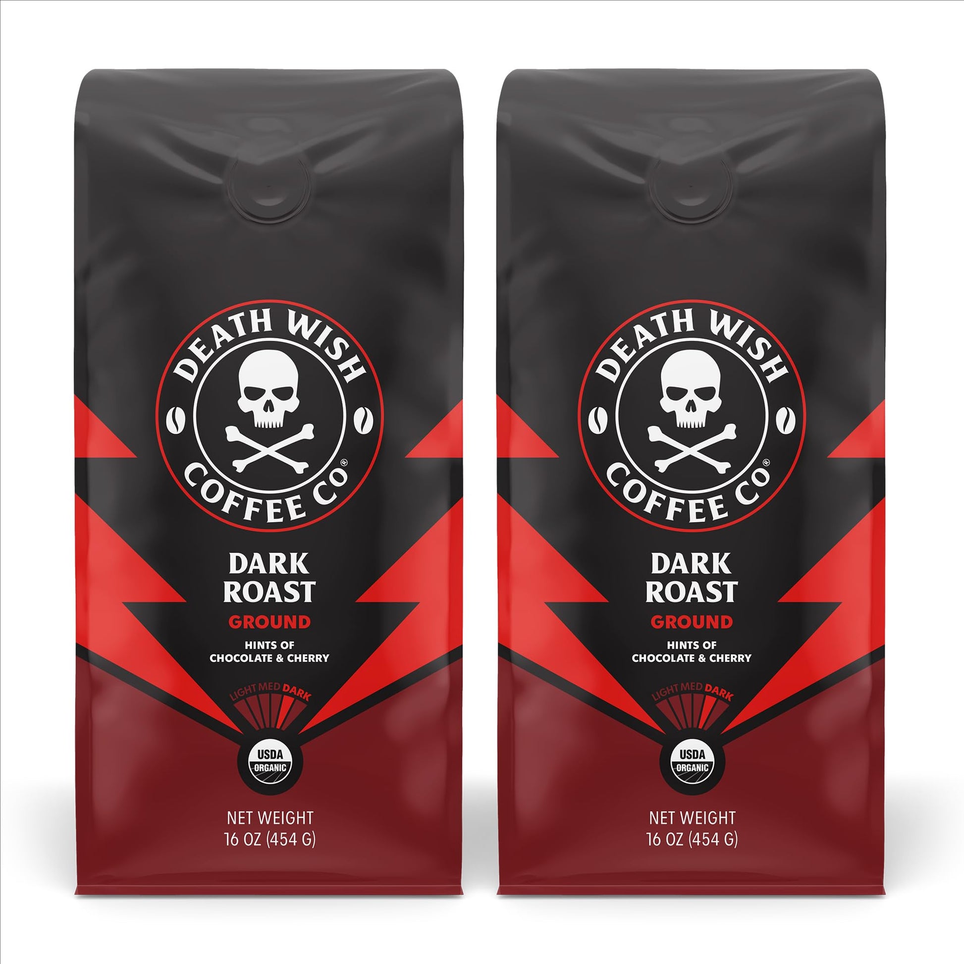 Death Wish Coffee Dark Roast Grounds, USDA Organic, 16 Oz, Pack of 2, Bold & Intense Blend of Arabica & Robusta Beans