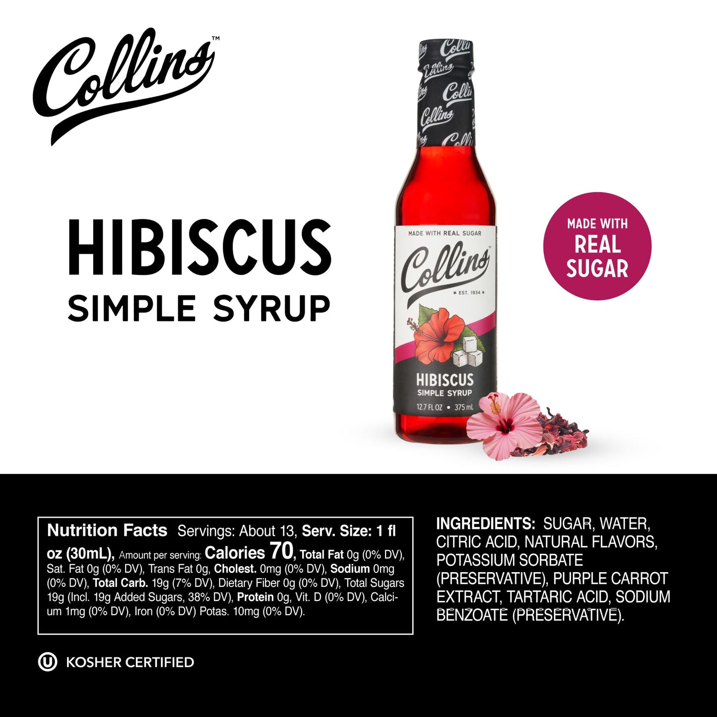 Collins Hibiscus Simple Syrup, 12.7 Fl Oz, Red, Plastic, Model 11828, Perfect for Cocktails and Beverages