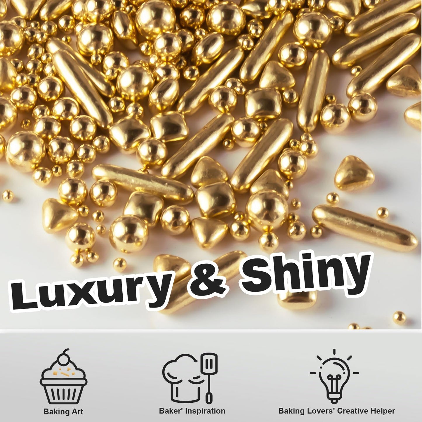 Huebeaty 6-in-1 Metallic Gold Dragees Sprinkles for Cake Decorating, 180g, Gold