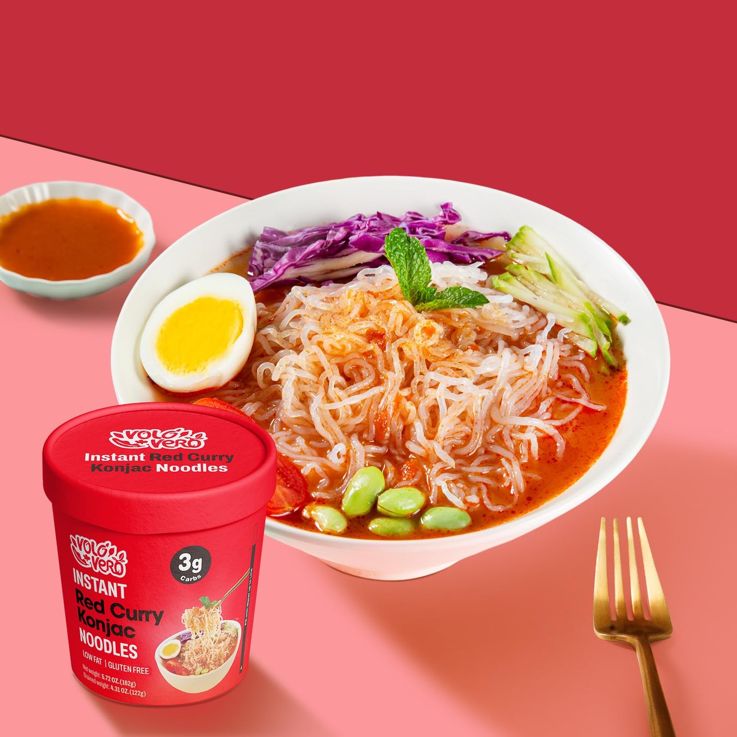 Volo Vero Konjac Noodles Instant Soup Cup, 6 Packs Shirataki Angel Hair Pasta Spicy Red Curry, Low Carb, Low Fat, Low Gi, Low Ca