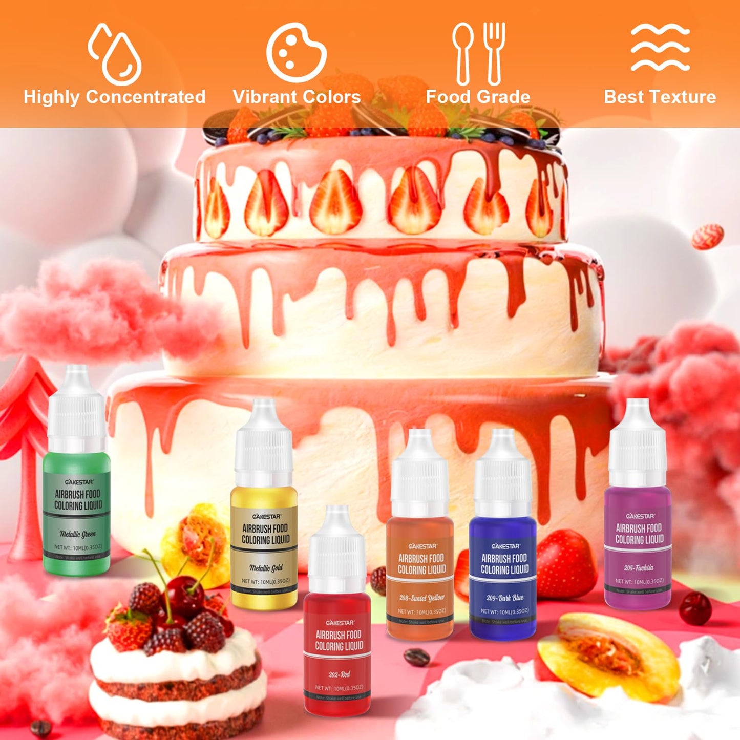 Cakestar Food Coloring Liquid For Airbrush, 16 Colors Airbrush Food Coloring For Cake, Cookies Decorating (.35 Fl.Oz/Bottle)