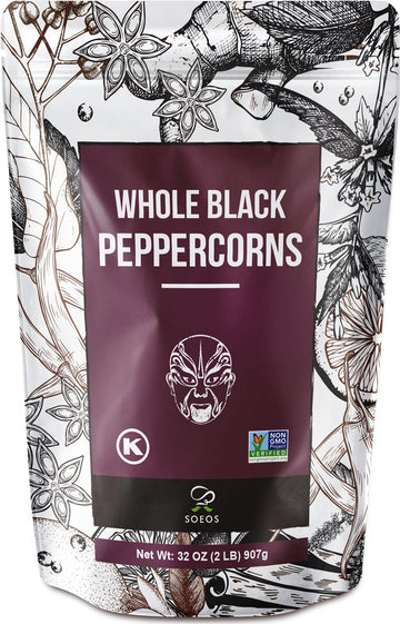 Soeos Black Peppercorns, 32oz (Pack of 1), Non-GMO, Kosher, Packed to Keep Peppers Fresh, Peppercorn for Grinder Refill, Whole P