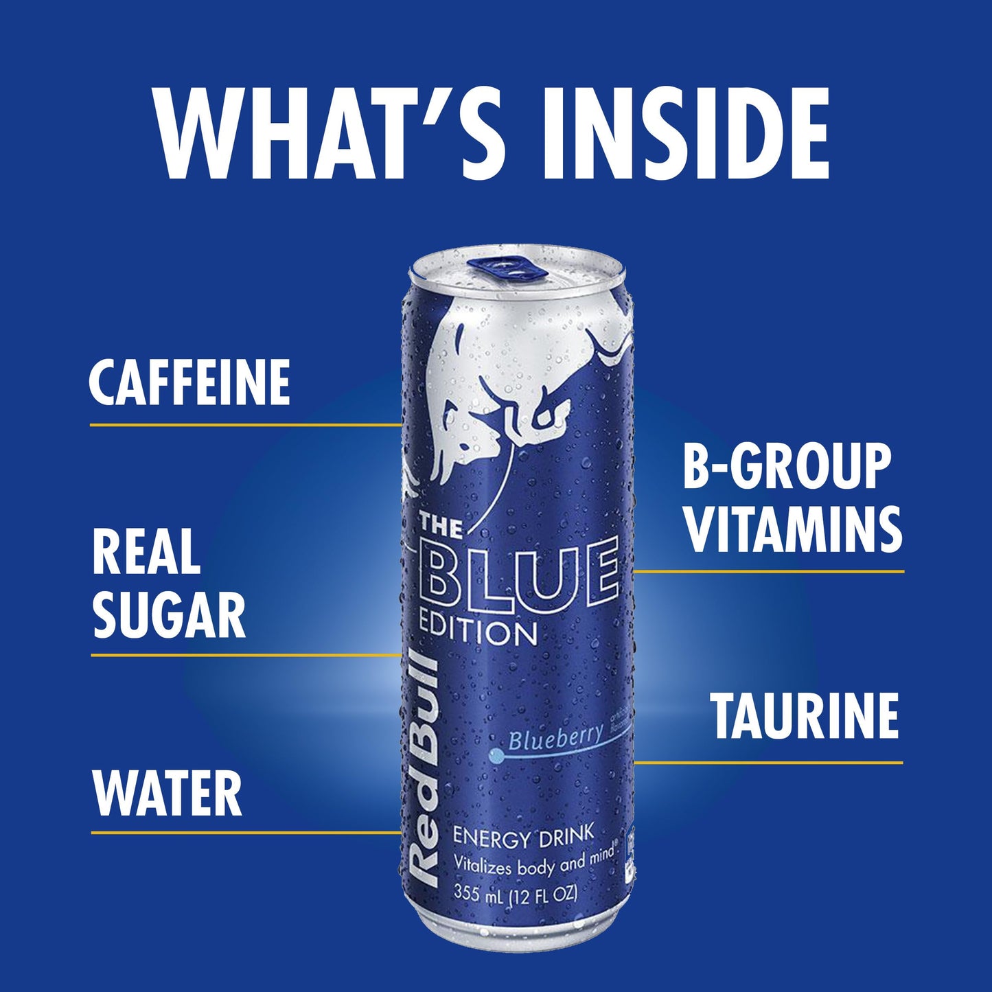 Red Bull Energy Drink Blue Edition, Blueberry Flavor, 114mg Caffeine, 12 Fl Oz, Pack of 4 Cans