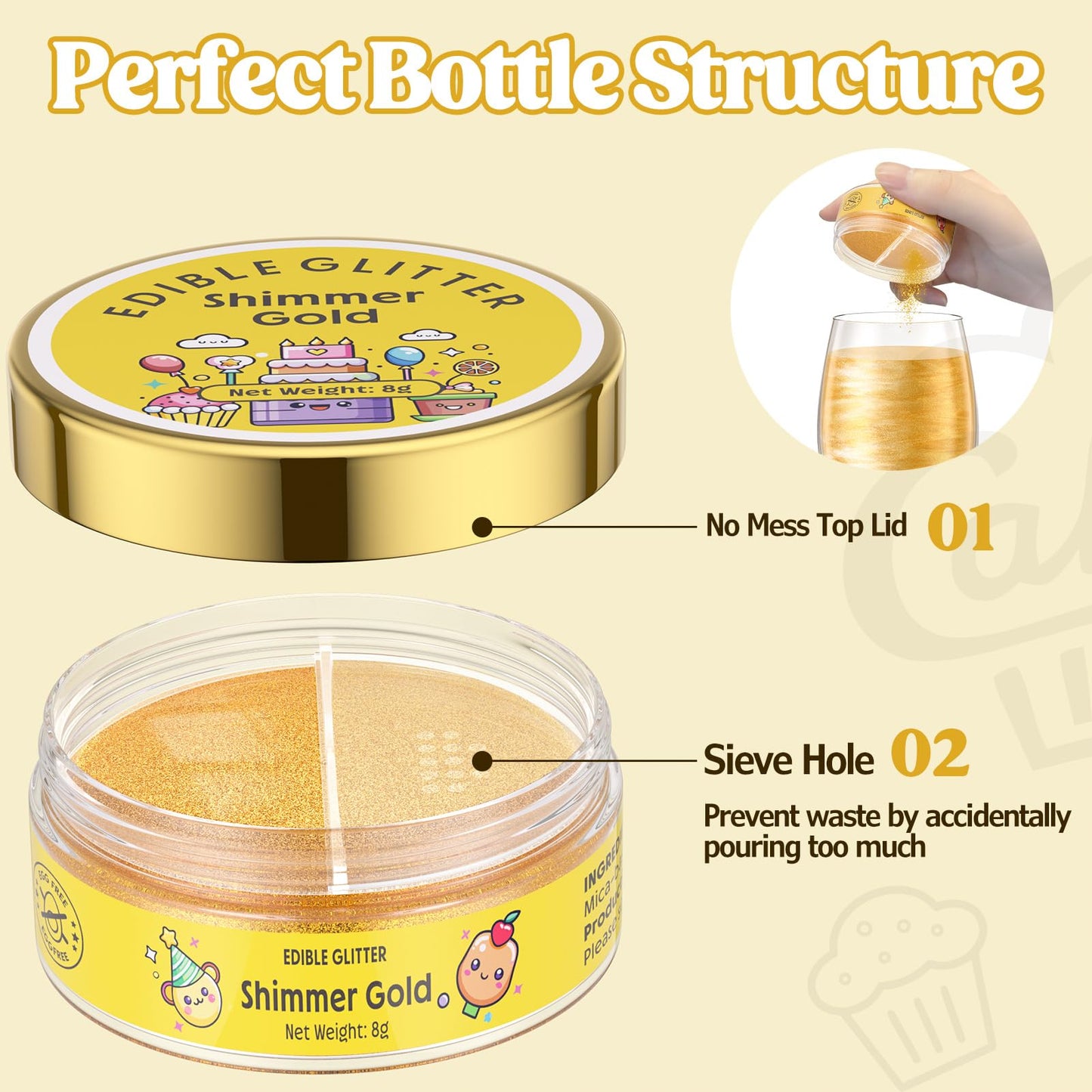 Nomeca Edible Glitter for Drinks & Cakes, 8g Food Grade Luster Dust, 7-Shimmer Gold