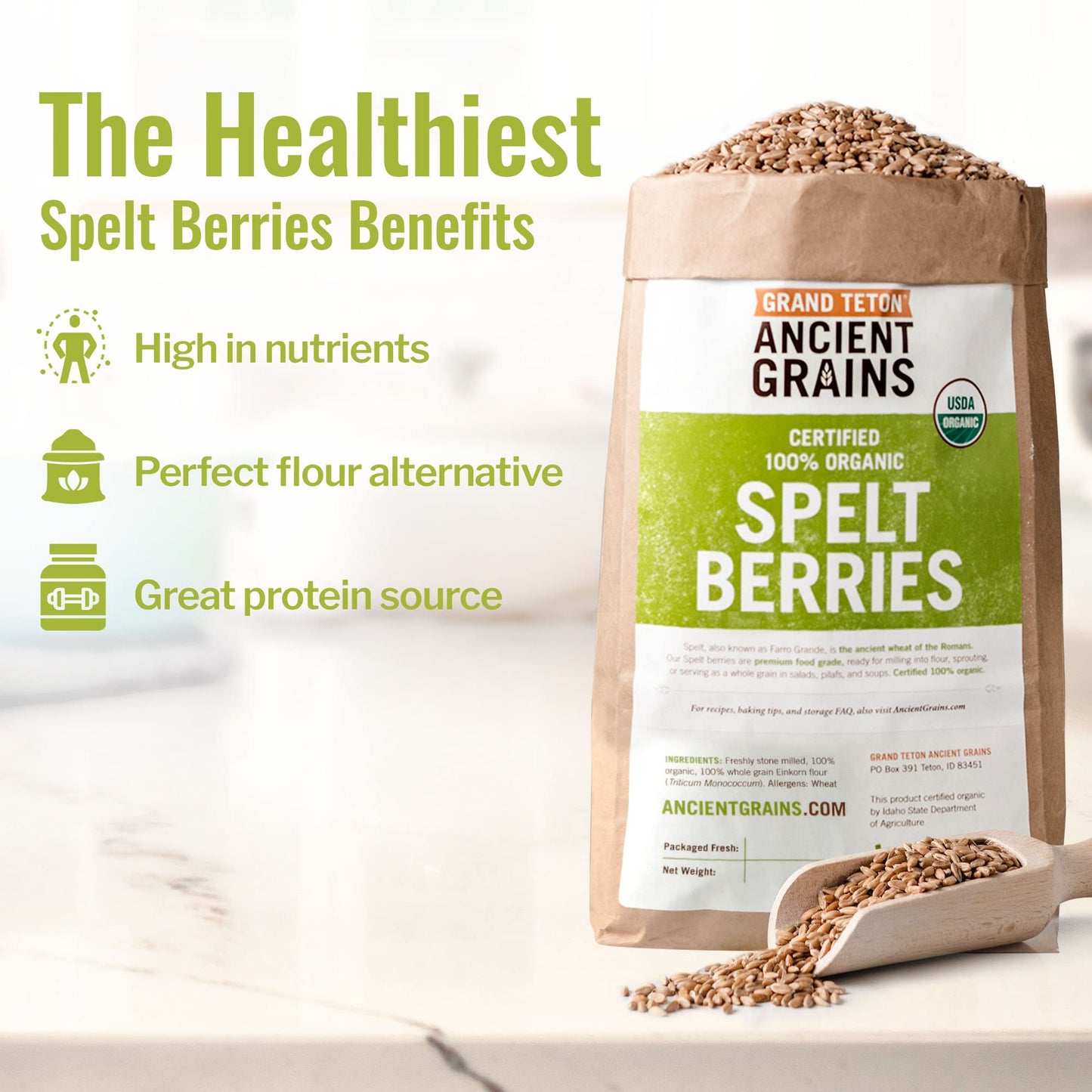 Grand Teton Ancient Grains - 100% Organic Spelt Berries, 5 Lbs, Whole Unmilled Spelt Berries, Us-Grown Farro Organic Grain, Nutr