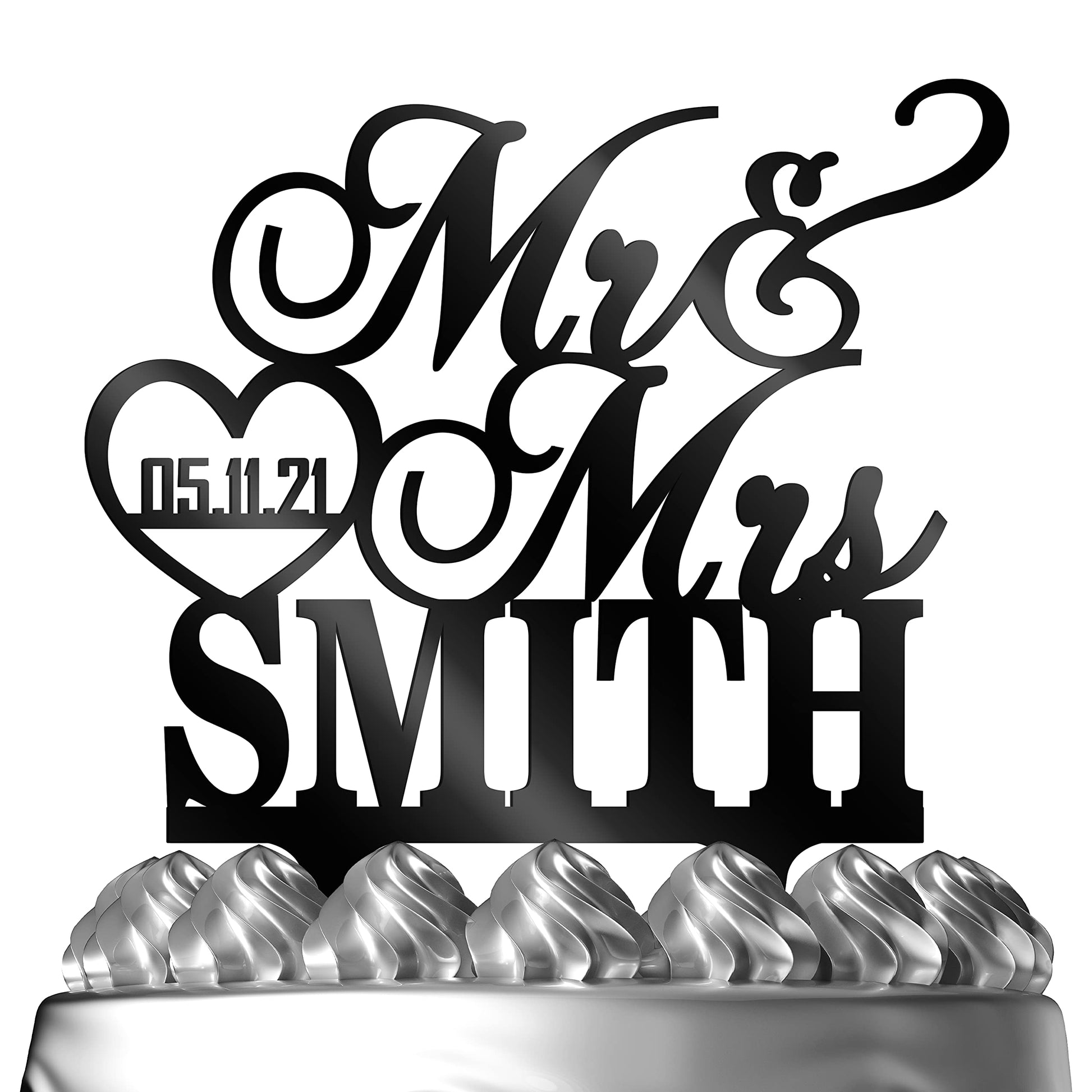 Wedding Cake Toppers, Personalized Mr & Mrs Heart, Custom Wedding Date & Last Name To Be Bride & Groom | Solid Color Cake Topper