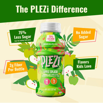 Plezi Flavored Kids Juice Drink - Apple Splash Fruit Juice Drink Blend - No Added Sugar, 2G Fiber - Tasty Refreshing Juices For