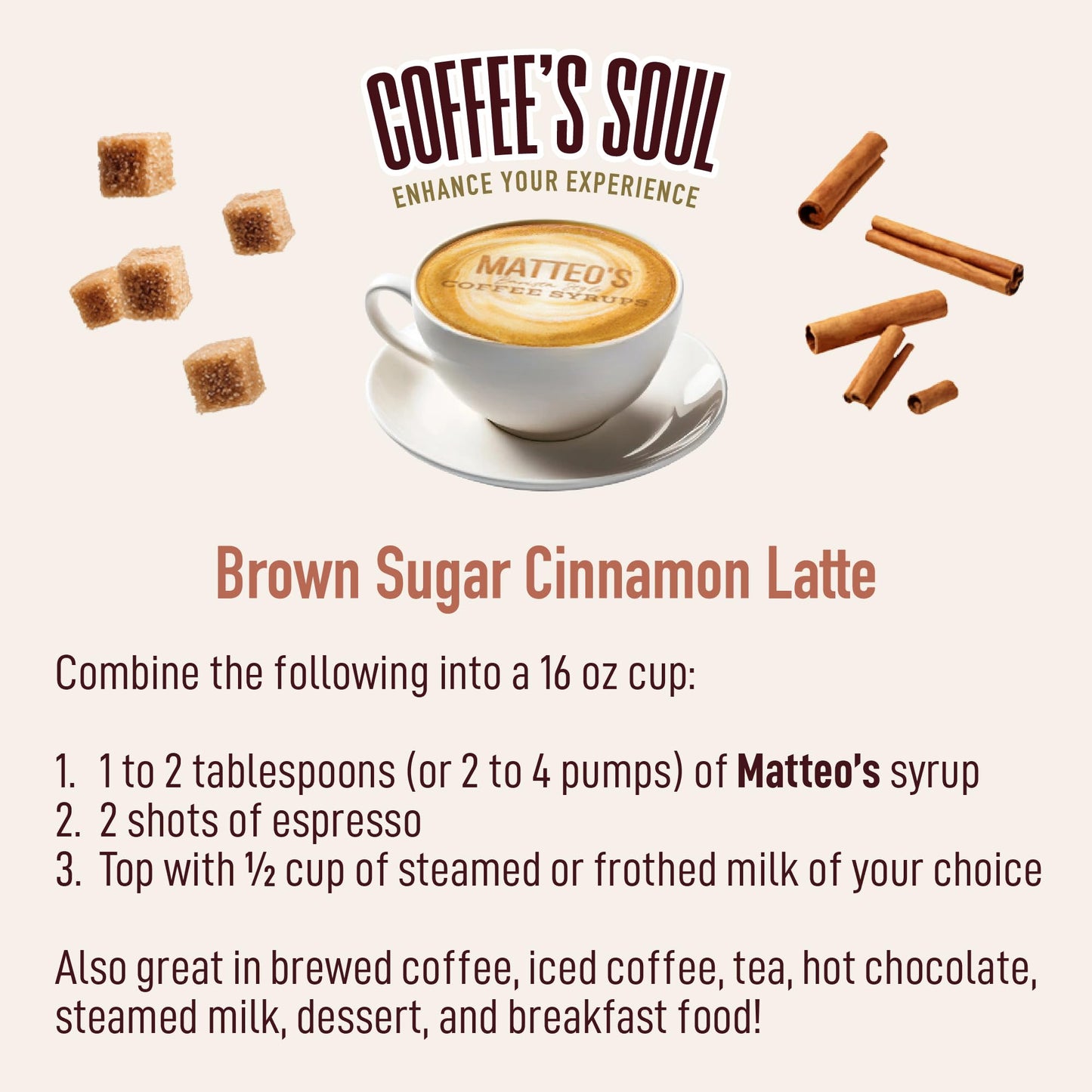 Matteos Sugar-Free Coffee Syrup, Brown Sugar Cinnamon, 33.8 Fl Oz, Keto Friendly, Zero Calories, Ideal for Lattes and Cappuccinos