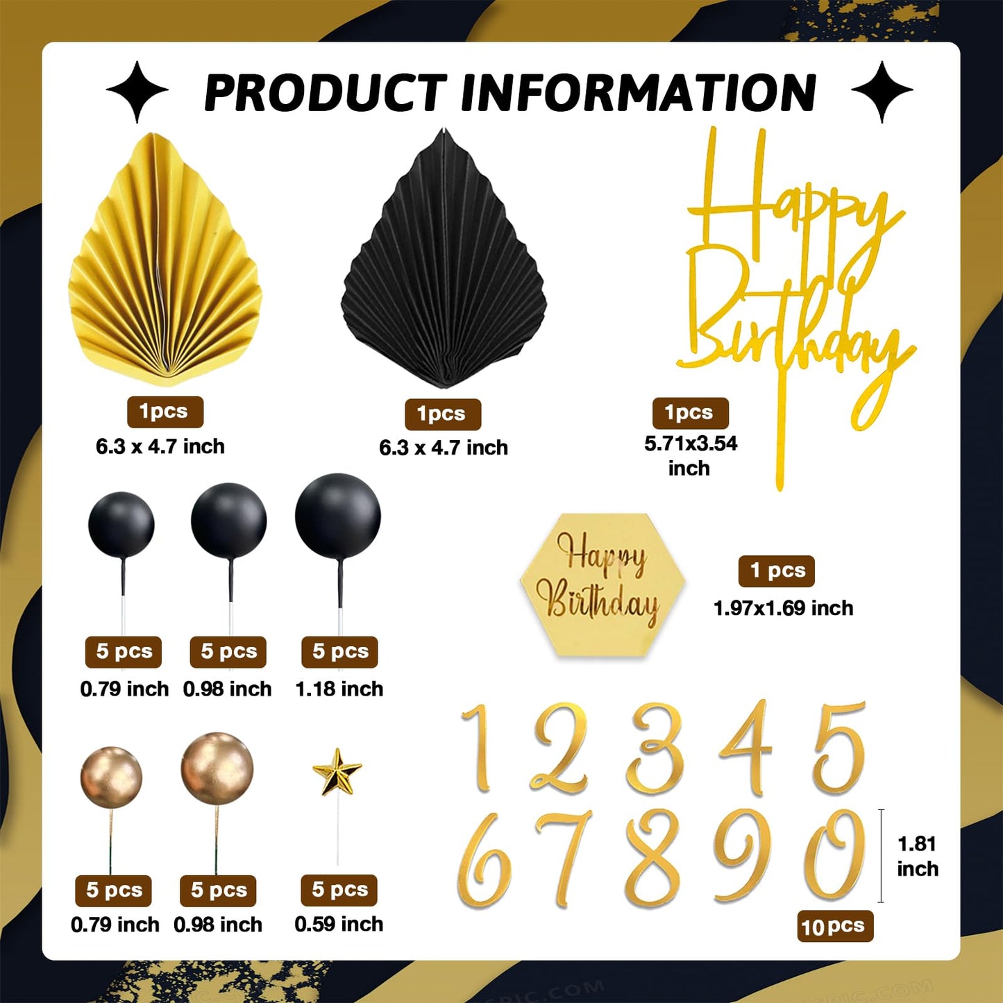 44Pcs Balls Cake Topper Man Cake Decorations With Black Gold Balls Palm Leaves Acrylic Numbers 0-9 And Happy Birthday Cake Toppe