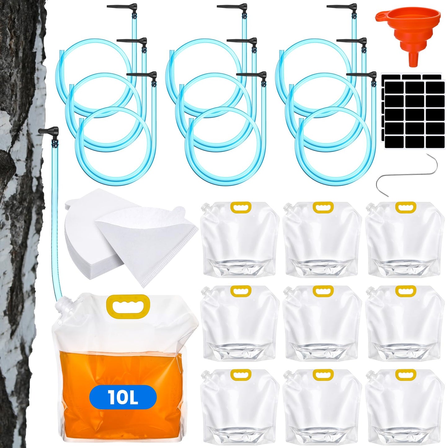 Nuogo 10 Sets 10 L Maple Syrup Tapping Kit with Large Bags Tree Sap Tap 3 ft Tubing Lines Stickers Filter Paper Silicone Funnel 