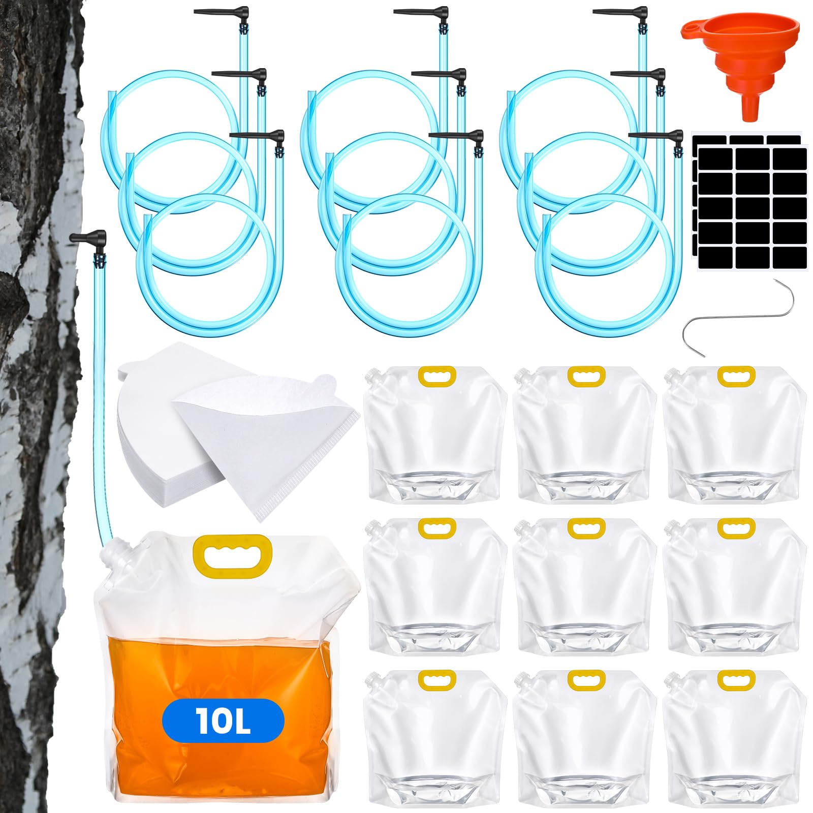 Nuogo 10 Sets 10 L Maple Syrup Tapping Kit with Large Bags Tree Sap Tap 3 ft Tubing Lines Stickers Filter Paper Silicone Funnel 