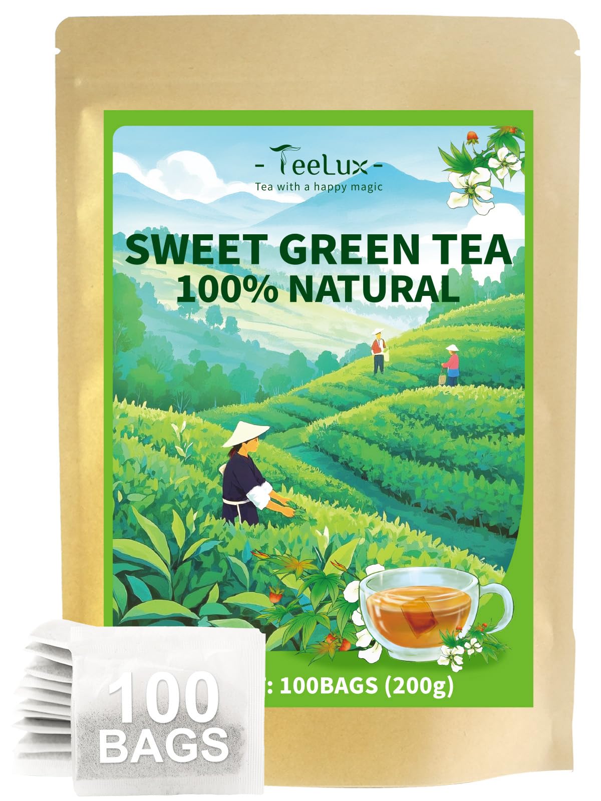 TeeLux Sweet Tea Bags, Green Tea Blended with Natural Sweet Tea, Brisk & Sweet Taste, Zero Sugar, 100 Count