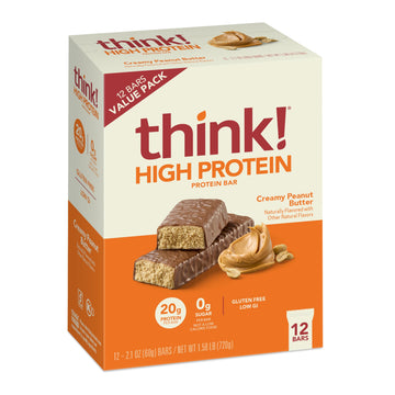 Think! Protein Bars, High Protein Snacks, Gluten Free, Kosher Friendly, Creamy Peanut Butter, Nutrition Bars, 2.1 Oz Per Bar, 12