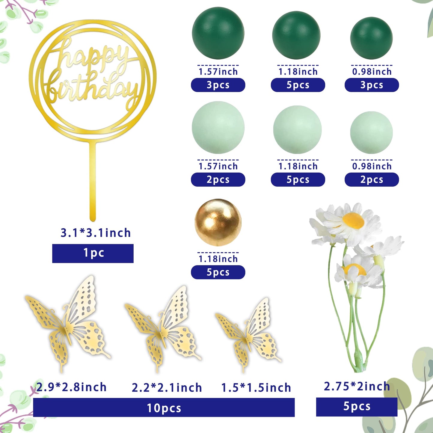41 Pcs Green Balls Cake Topper Butterfly Cake Decorations Happy Birthday Cake Topper For Wedding Baby Shower Birthday Daisy Flow