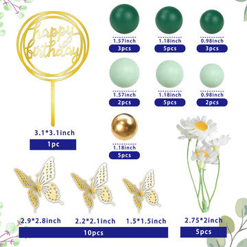 41 Pcs Green Balls Cake Topper Butterfly Cake Decorations Happy Birthday Cake Topper For Wedding Baby Shower Birthday Daisy Flow
