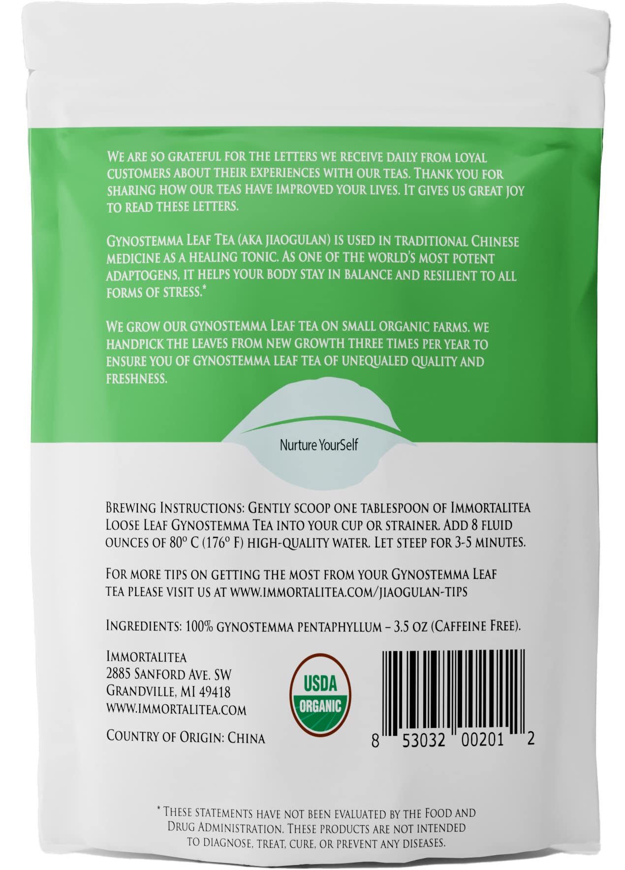Immortalitea Gynostemma Tea USDA Organic Loose Leaf Herbal Tea, 3.5 oz, Naturally Sweet Adaptogen, Caffeine-Free