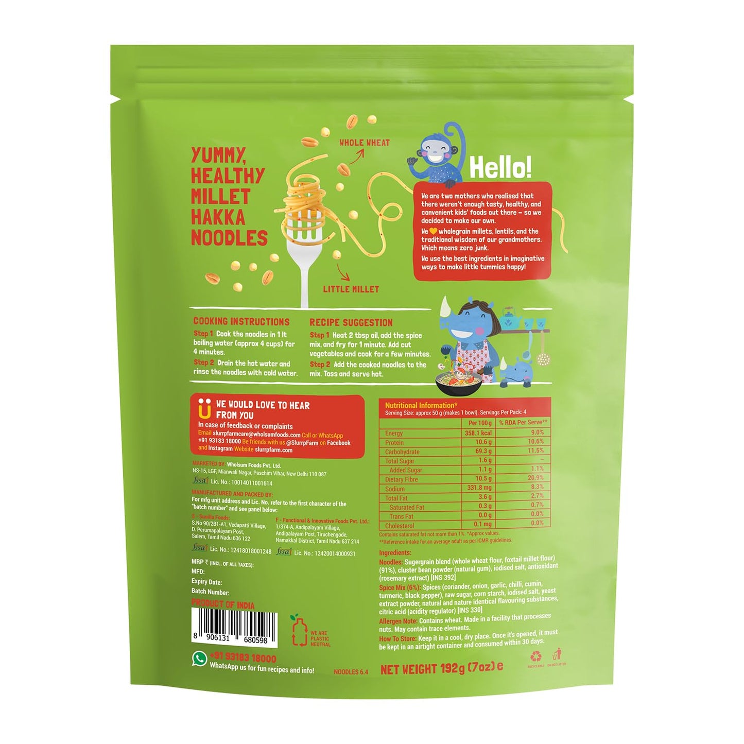 Slurrp Farm No Maida Millet Noodles | Not Fried, No Msg | Mild Millet Noodles Pack Of 3-192G Each