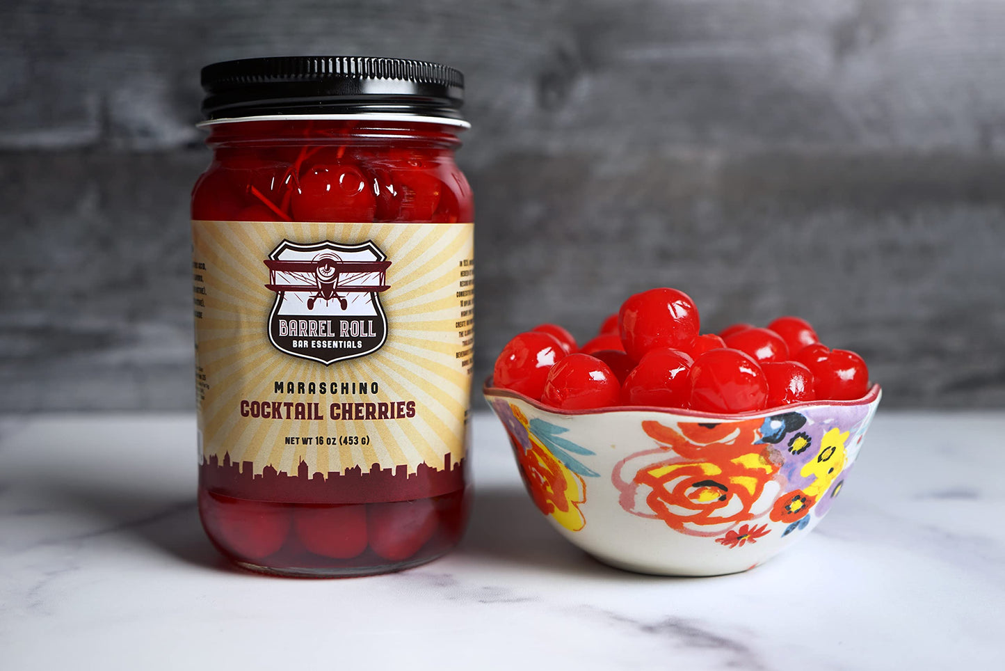 Barrel Roll Bar Essentials Premium Maraschino Cocktail Cherries - 16 Ounce, USA Made, Slow-Cooked Garnish for Drinks and Desserts