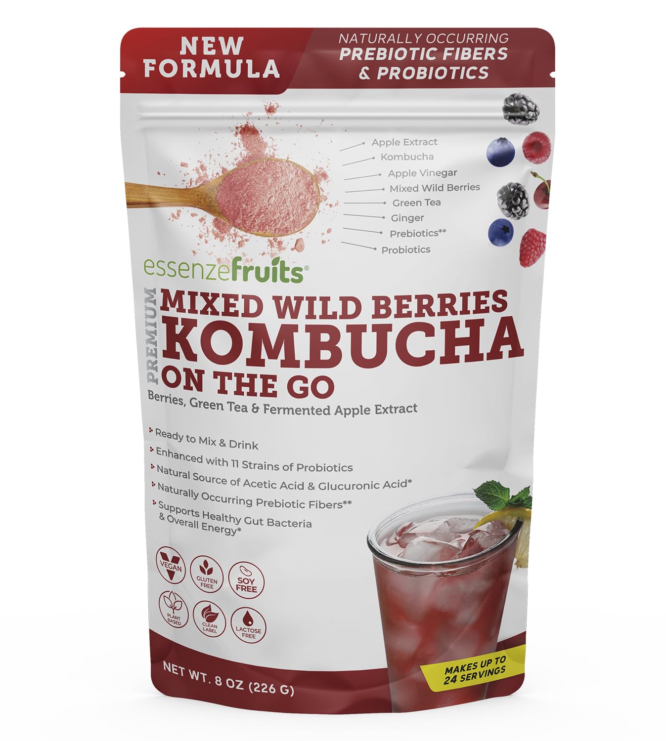 Essenzefruits Red Berries Kombucha Tea Powder Mix Beverage - Sugar Free, Fermented & Dried - Just Add Water! Live Probiotics & P