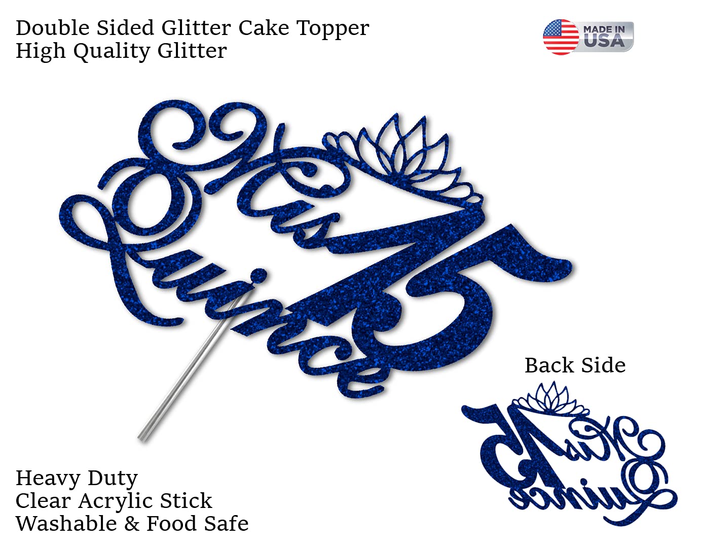 RokAPary Glitter Cake Topper for Quinceanera, Sturdy Double-Sided Acrylic, Blue, Model RCT171