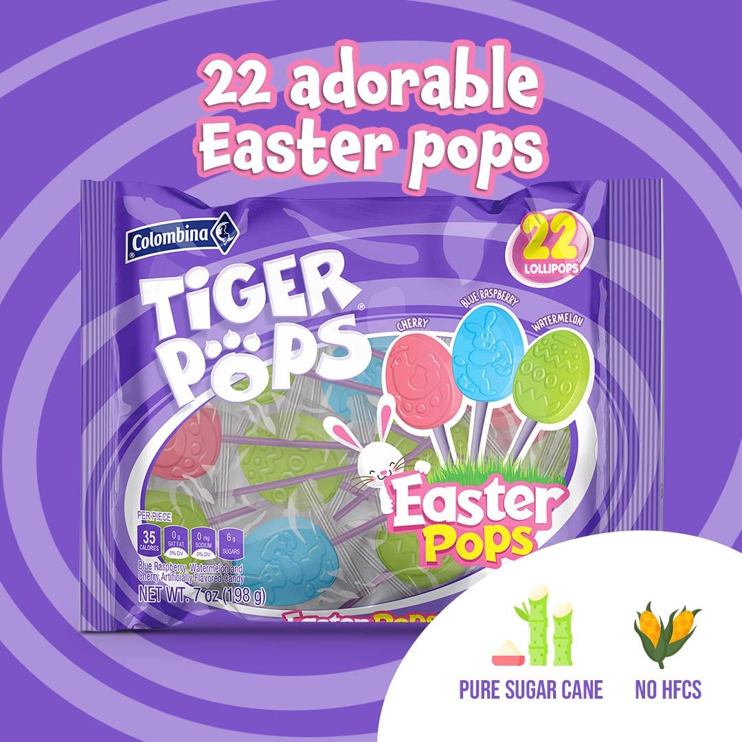 Colombina Tiger Easter Pops, Cherry, Blue Raspberry, And Watermelon Flavored, Individually Wrapped, Ideal For Easter Baskets Or