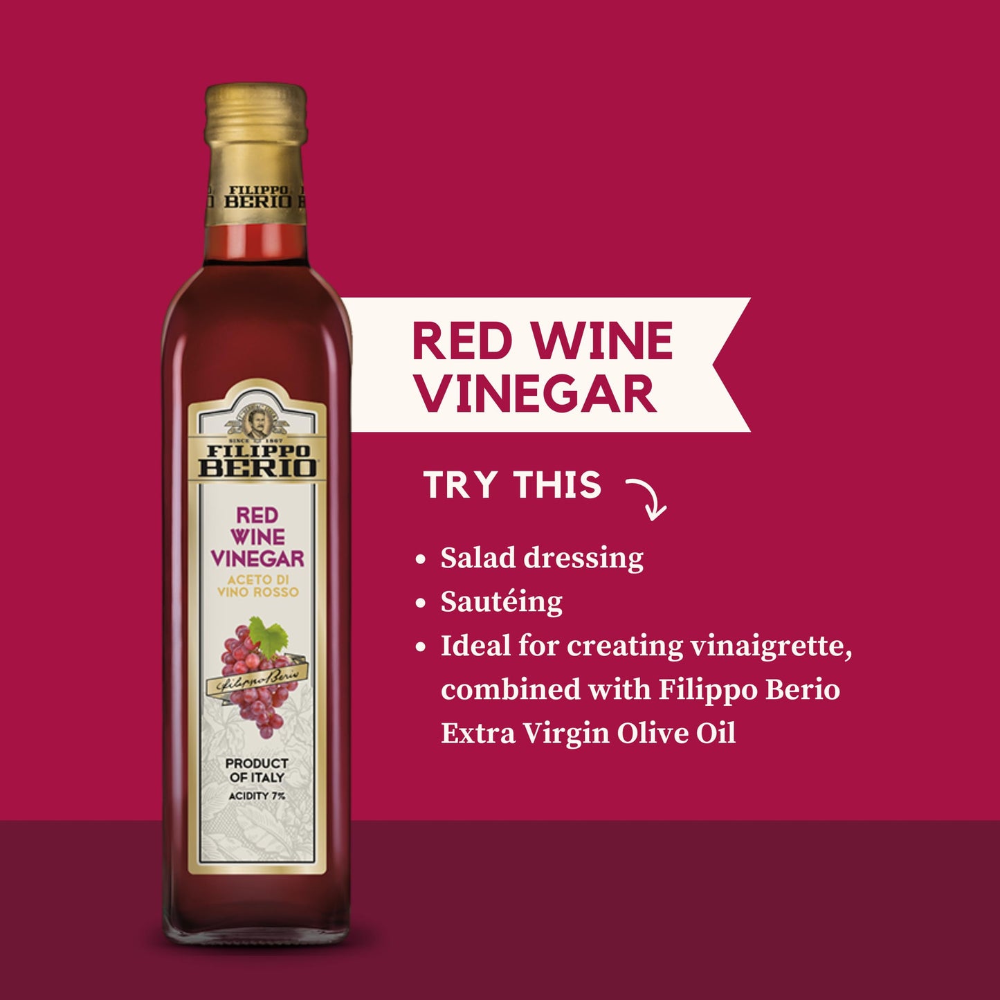 Filippo Berio Red Wine Vinegar, Gluten Free, 16.9 Fl Oz Glass Bottle