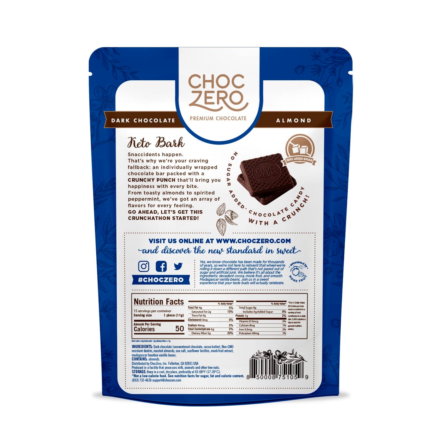 ChocZero Dark Chocolate with Almonds Sea Salt Keto Bark, 6 Ounce (Pack of 1)