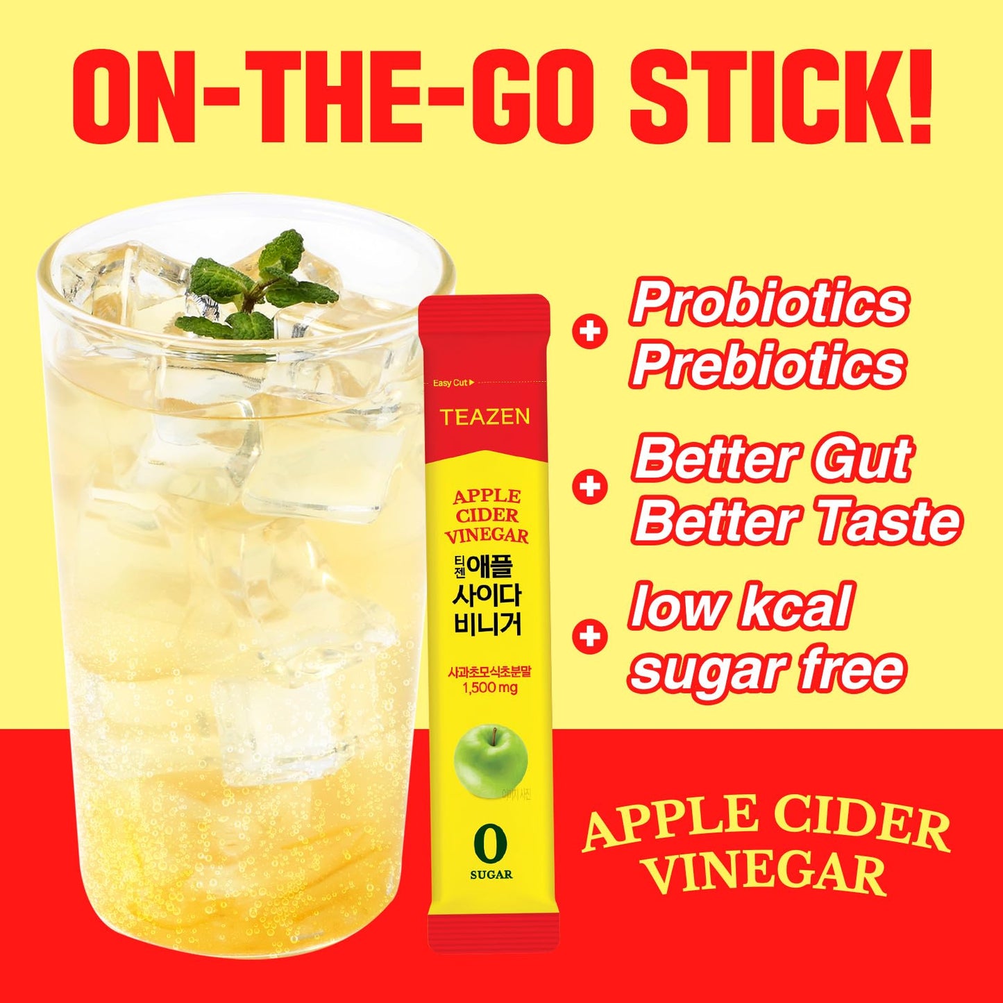 Teazen Apple Cider Vinegar Drink Powder Stick – On-The-Go Wellness With 1500Mg Acv, Sugar-Free, Postbiotics, 30 Sticks | Supports Digestion & Metabolism