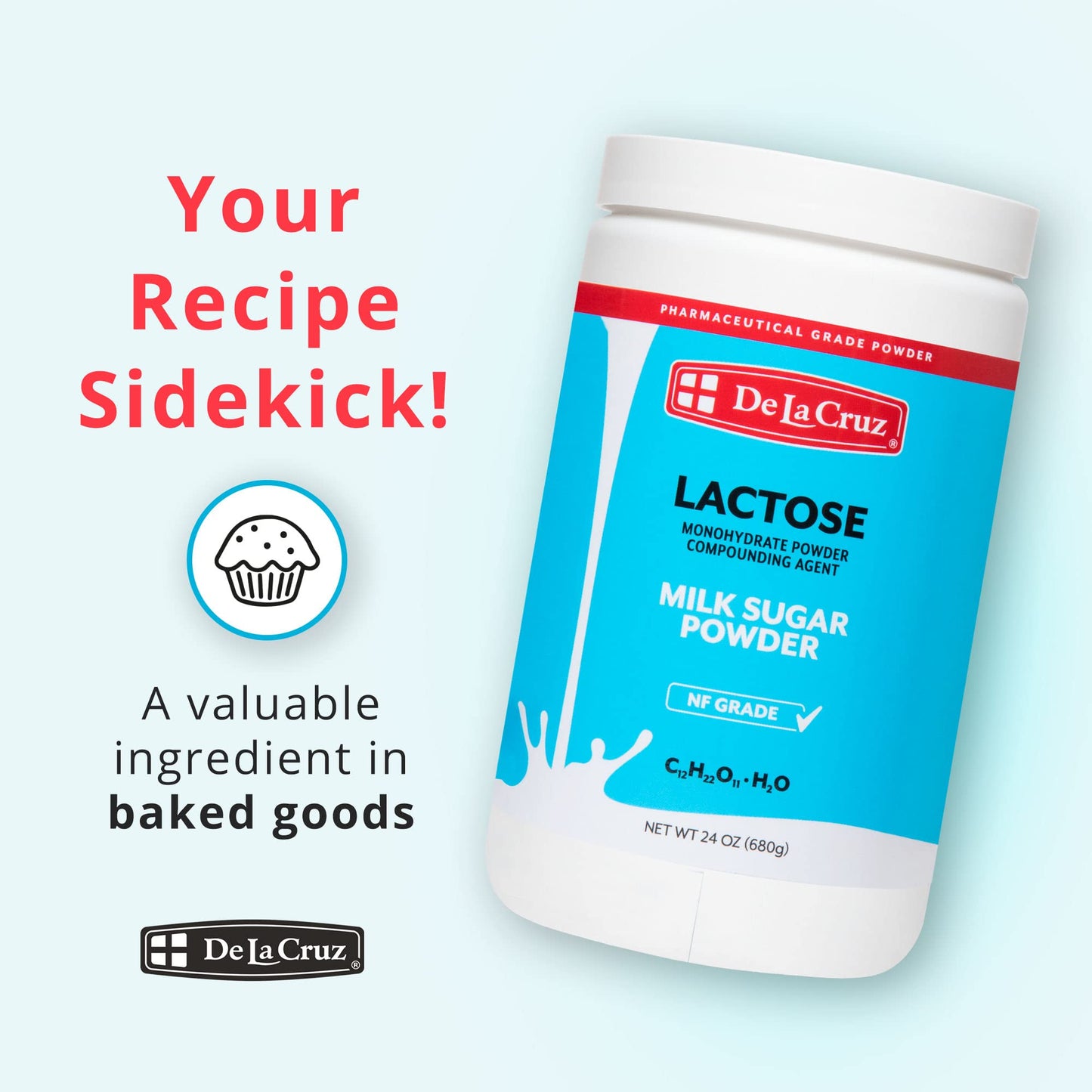 De La Cruz Lactose Powder - Pure Lactose Monohydrate Milk Sugar NF Grade, 24 OZ