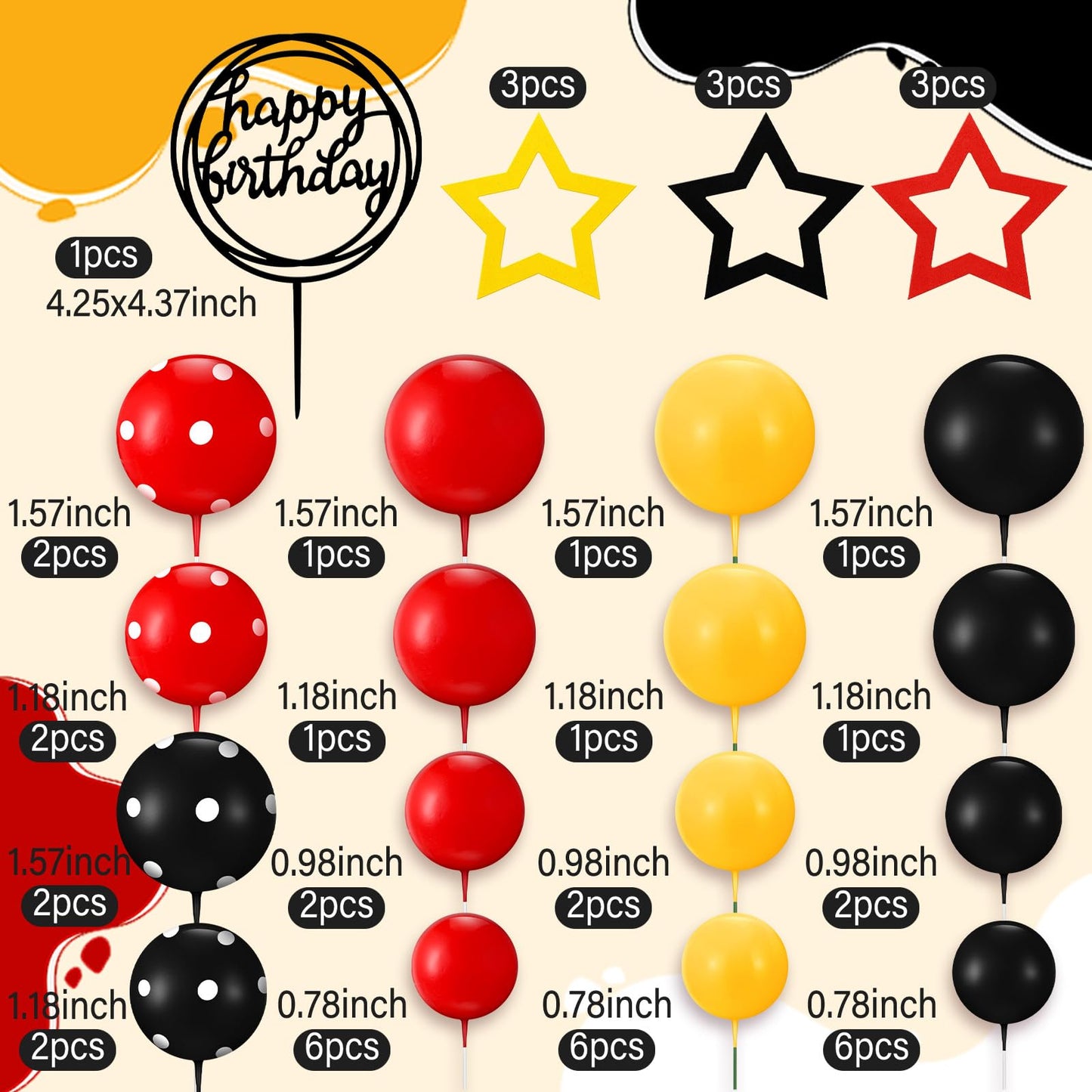 Teenyyou 57 Pcs Cake Topper Set - Black Red Yellow Star Decorations for Birthday, Baby Shower - Various Sizes