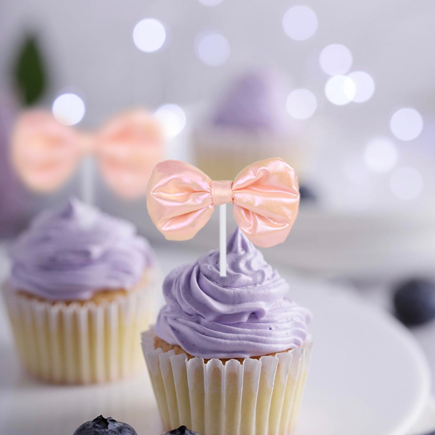 YCTHUNFISH Cupcake Toppers 12 Pack Pink Bowknot Decorations for Wedding, Bridal Shower, Birthday Party