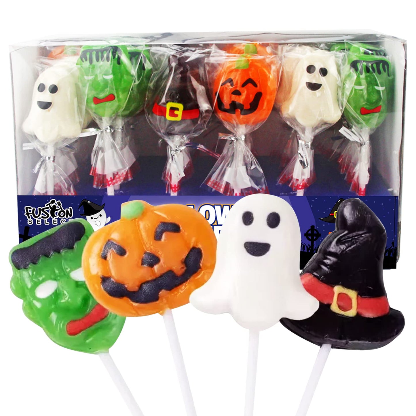 Fusion Select Candy Lollipops - Halloween Suckers - Trick or Treat Candies for Kids - Frankenstein's Monster, Jack o Lantern, Gh
