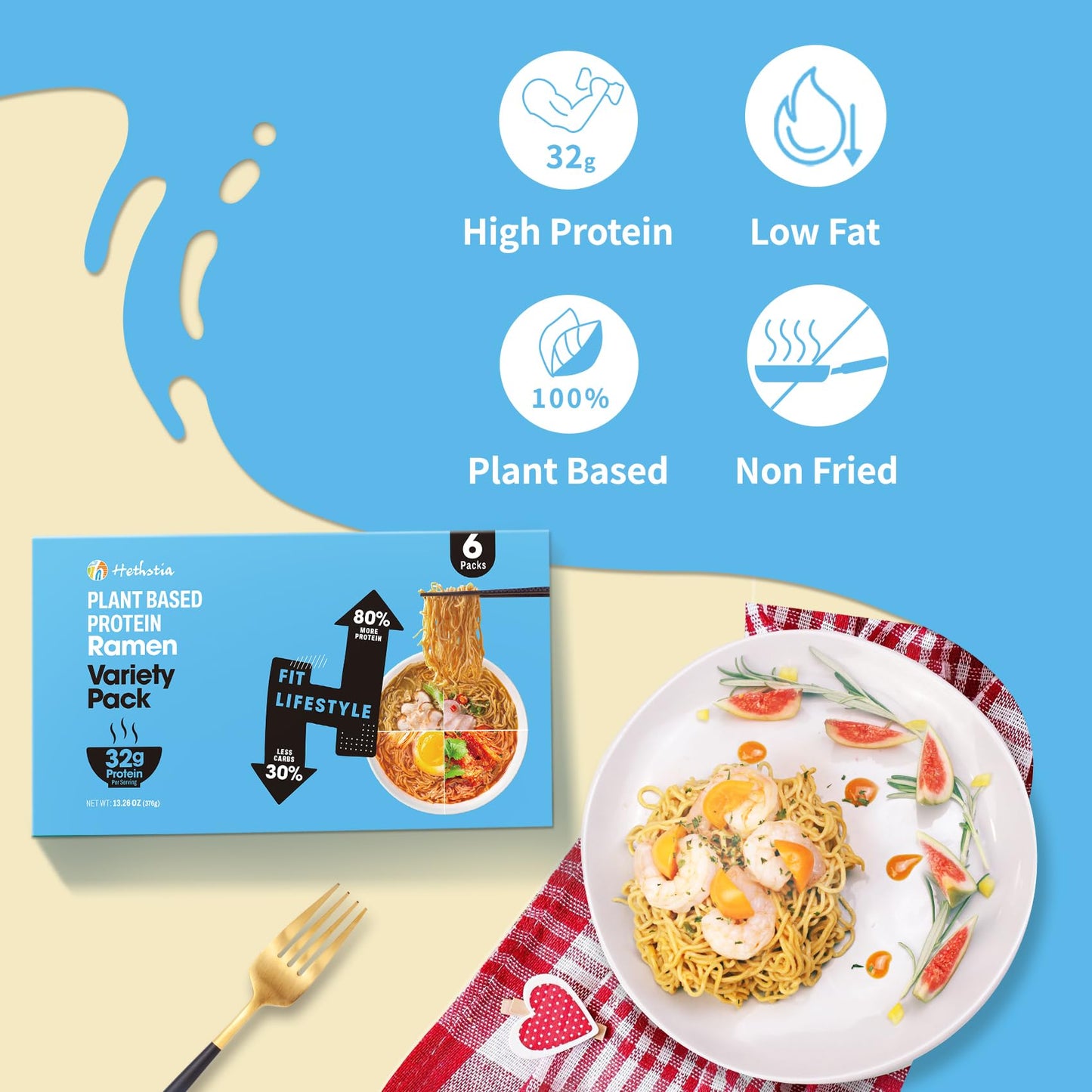 Hethstia High-Protein Ramen Variety Pack (Chicken  Beef  Spicy Kimchi  Spicy Curry)  6-Pack Instant Ramen Noodle Soup  32g Plant-Based Protein  Vegan  Non-GMO  Low Fat  Pre-Packaged Quick Meal